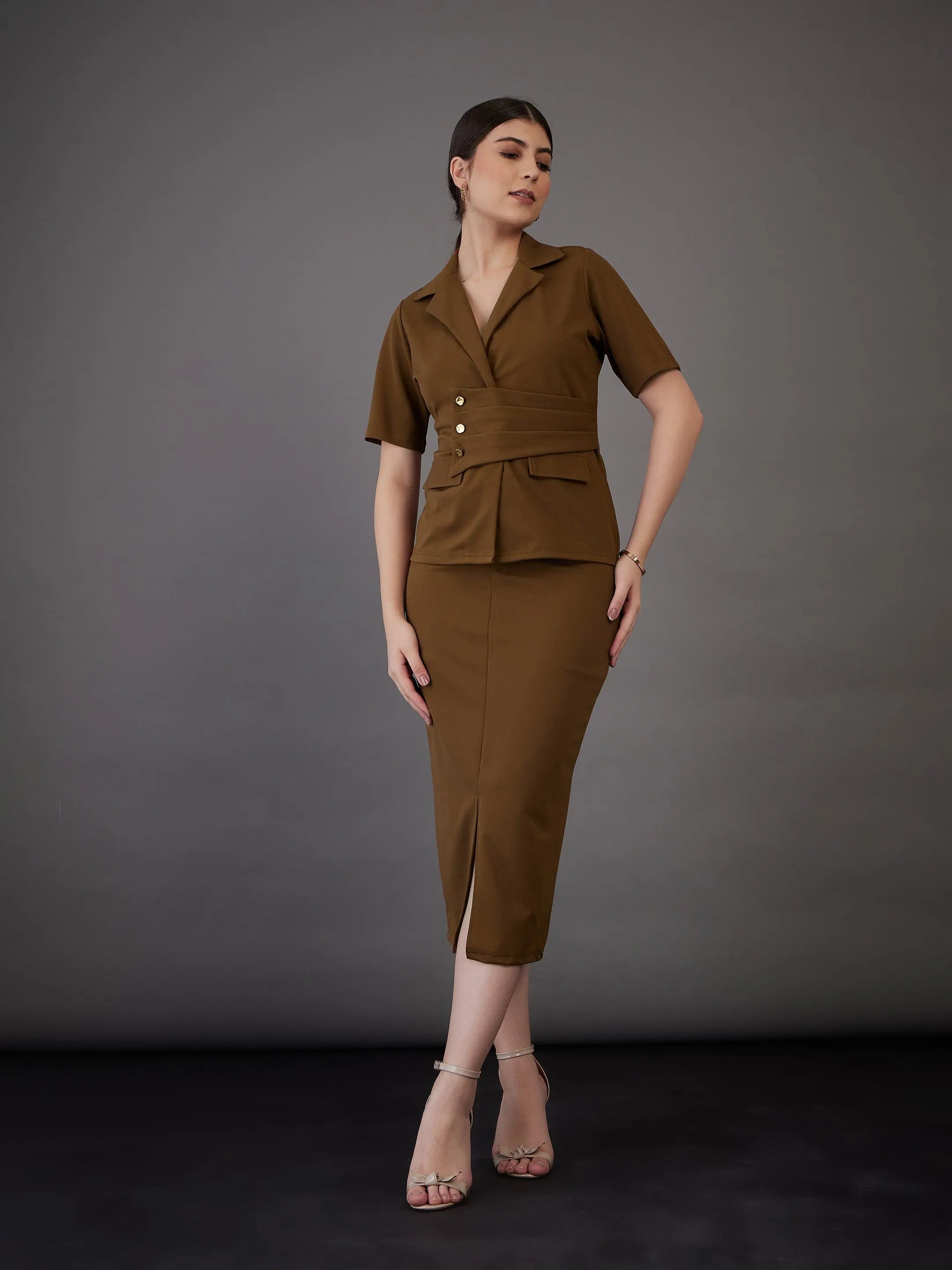 Women Brown Front Slit Midi Skirt - Western Outfits for Women