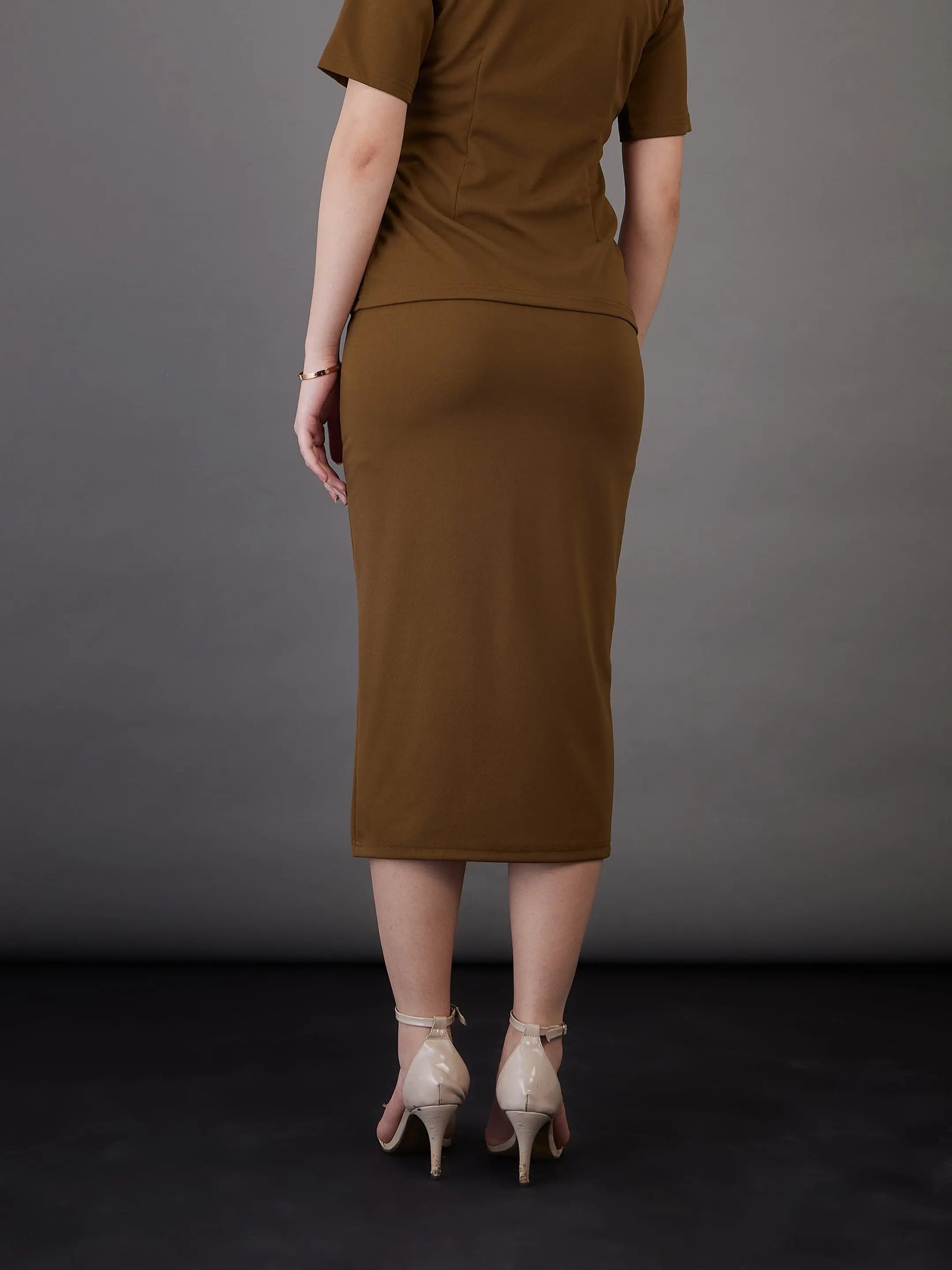 Women Brown Front Slit Midi Skirt - Western Outfits for Women