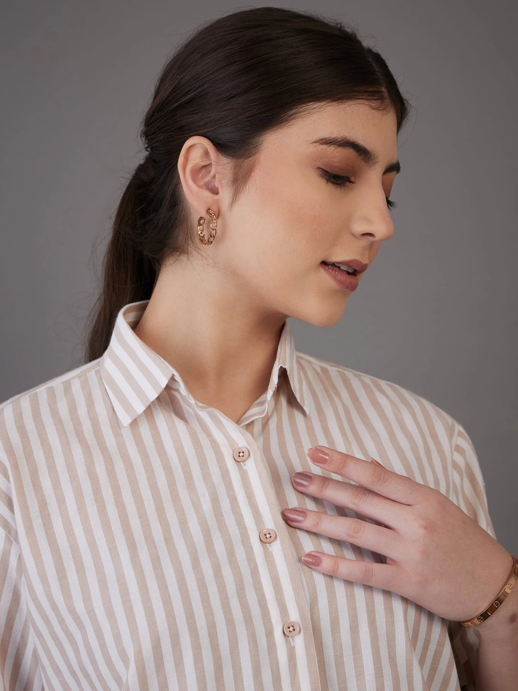Women Brown Stripes Shirt - Cotton Regular Fit | Ethnic Lehenga
