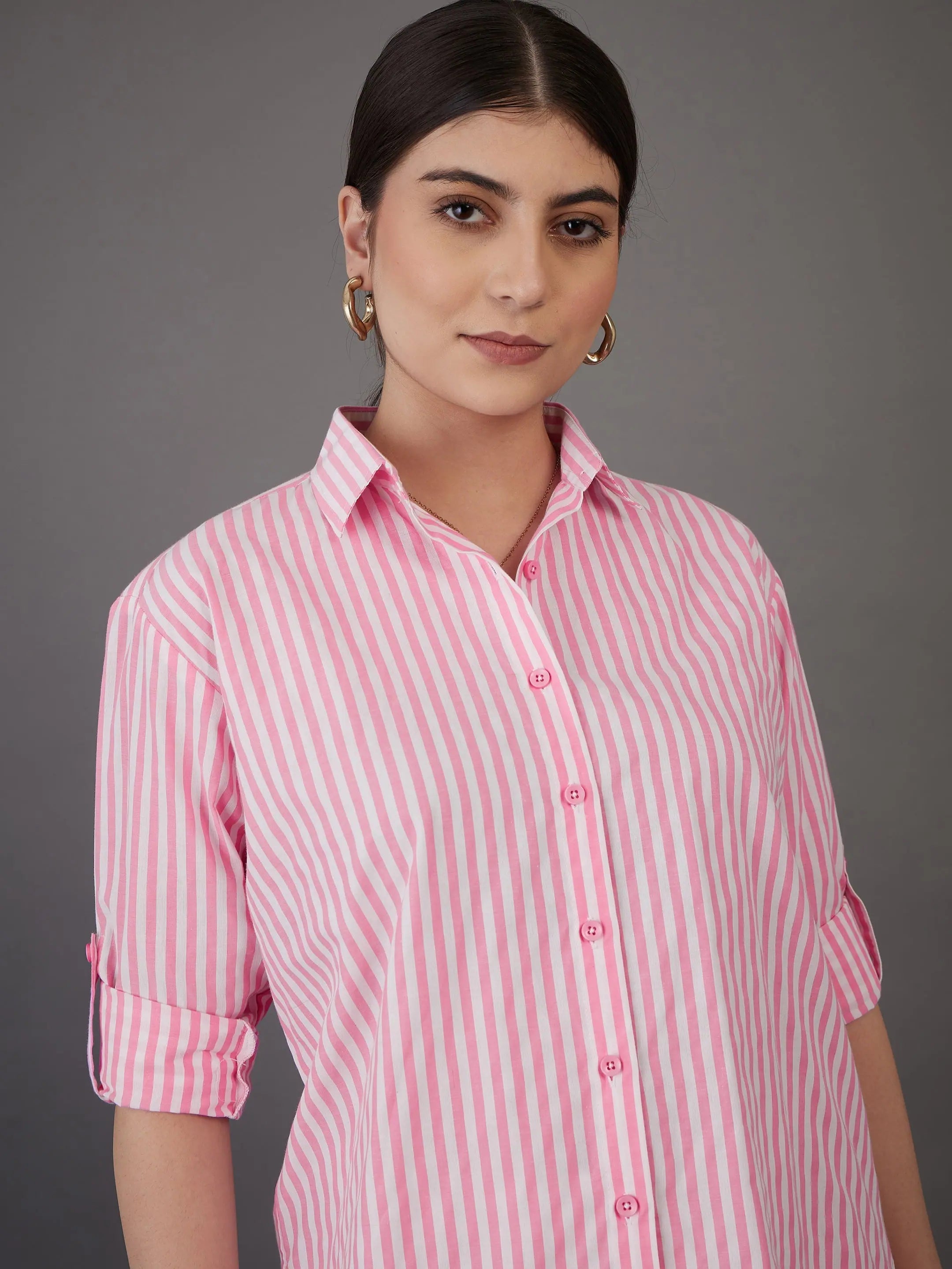 Women Pink Stripes Shirt - Cotton Regular Fit | Designer Lehenga