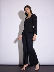 Women Black Peplum Top With Bell Bottom Pants