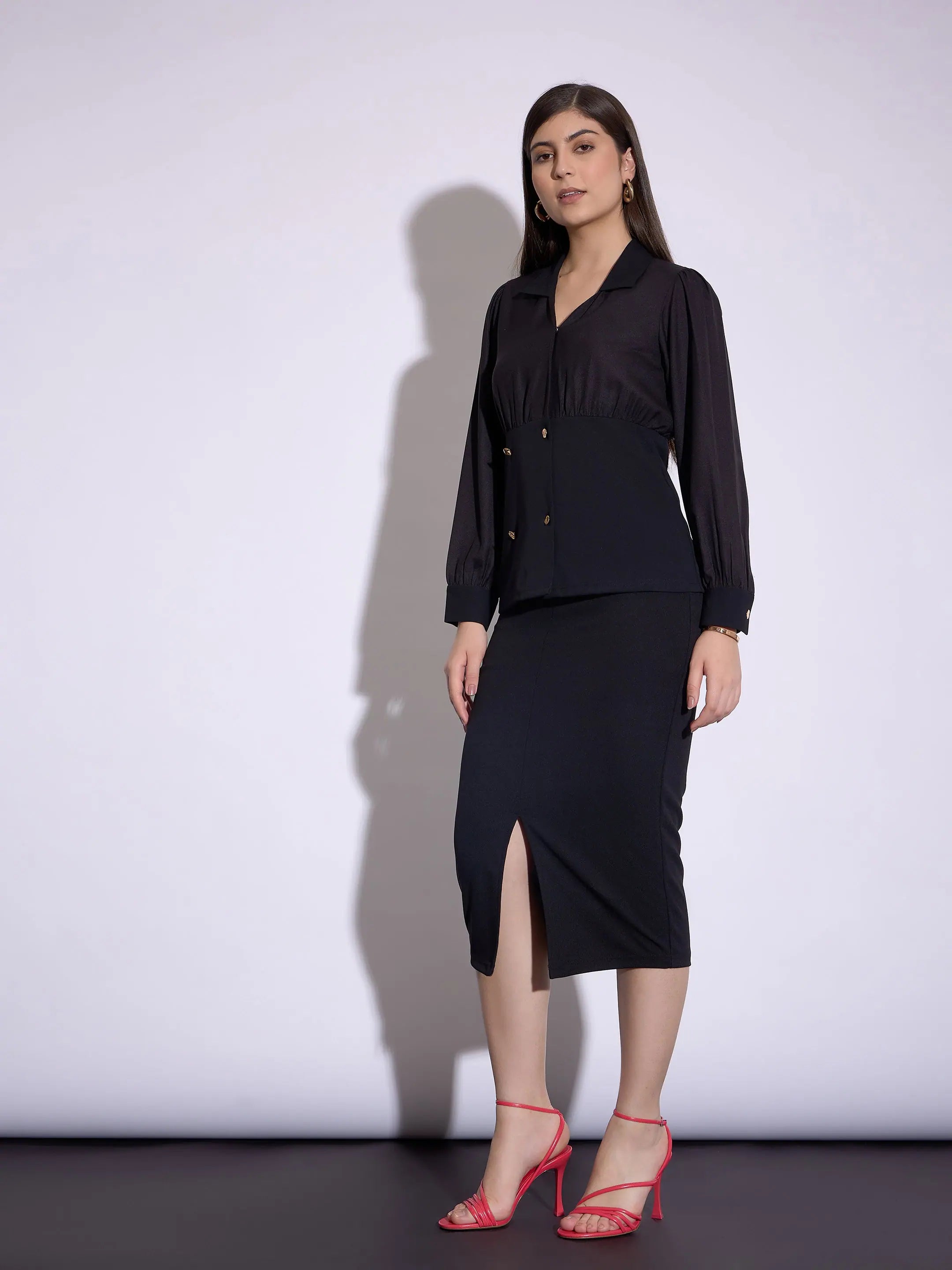 Black Peplum Top & Midi Skirt - Women's Western Clothing