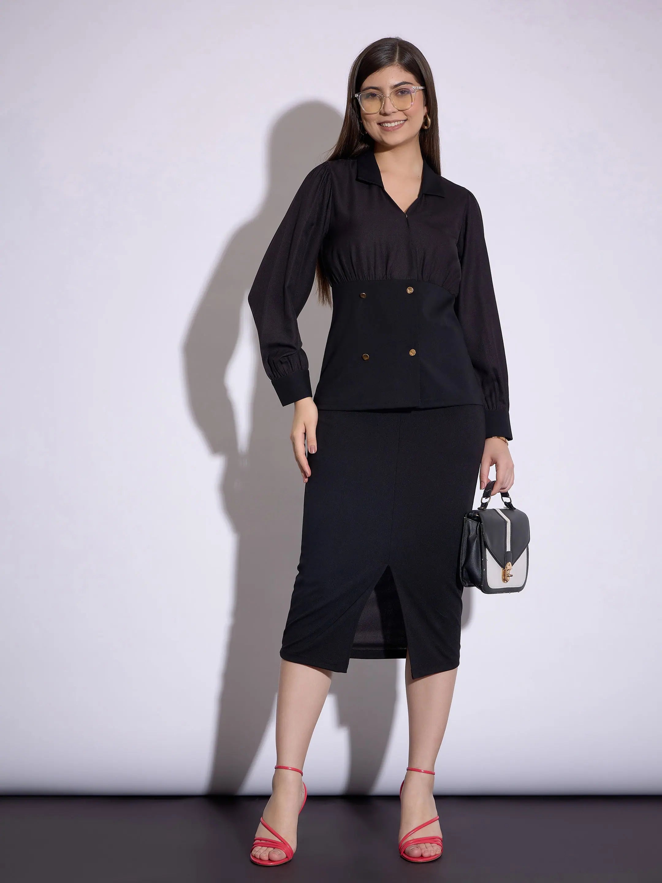 Black Peplum Top & Midi Skirt - Women's Western Clothing