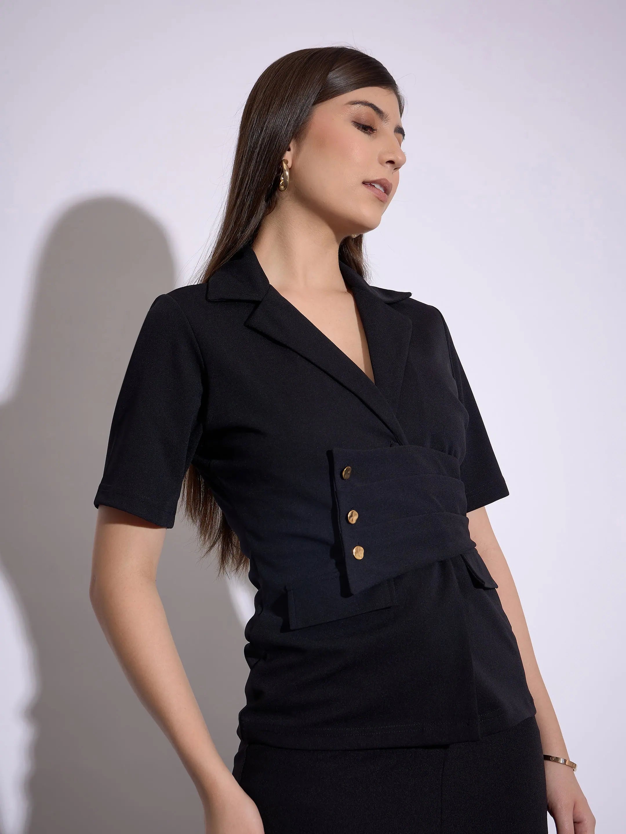 Black Notch Collar Top & Skirt - Women's Western Wear Set