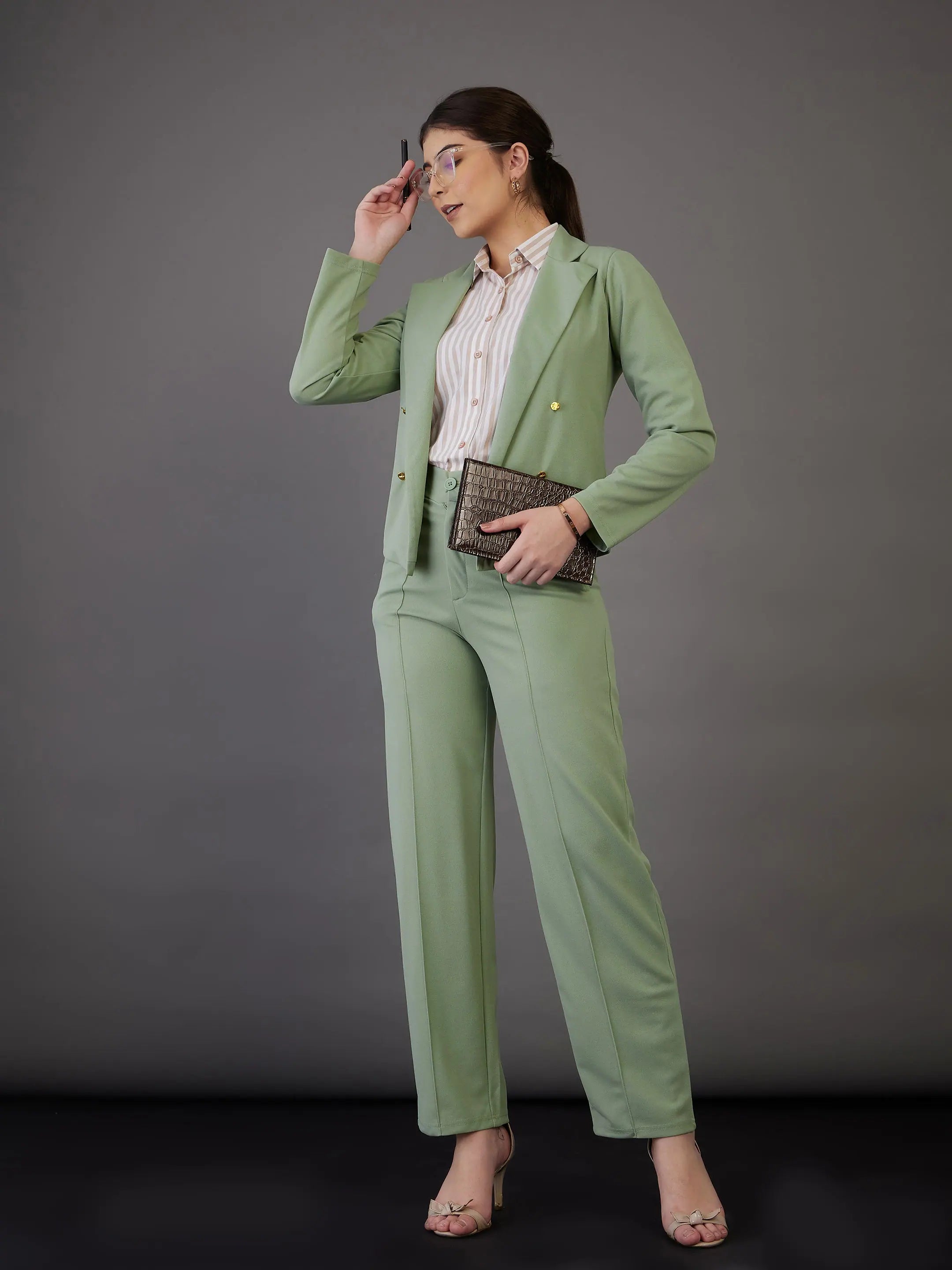 Green Notch Collar Blazer - Women's Western Clothing Outfits