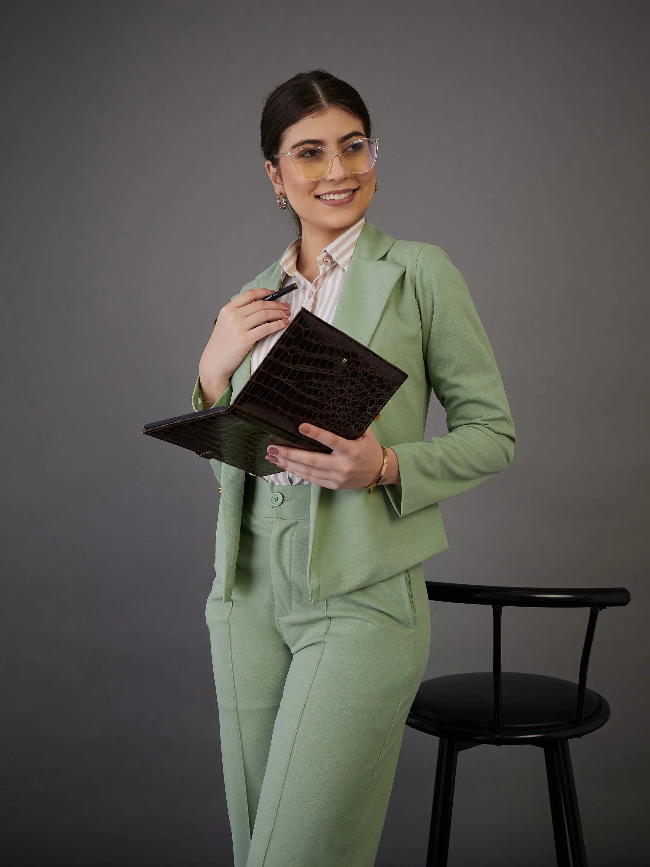 Green Notch Collar Blazer - Women's Western Clothing Outfits