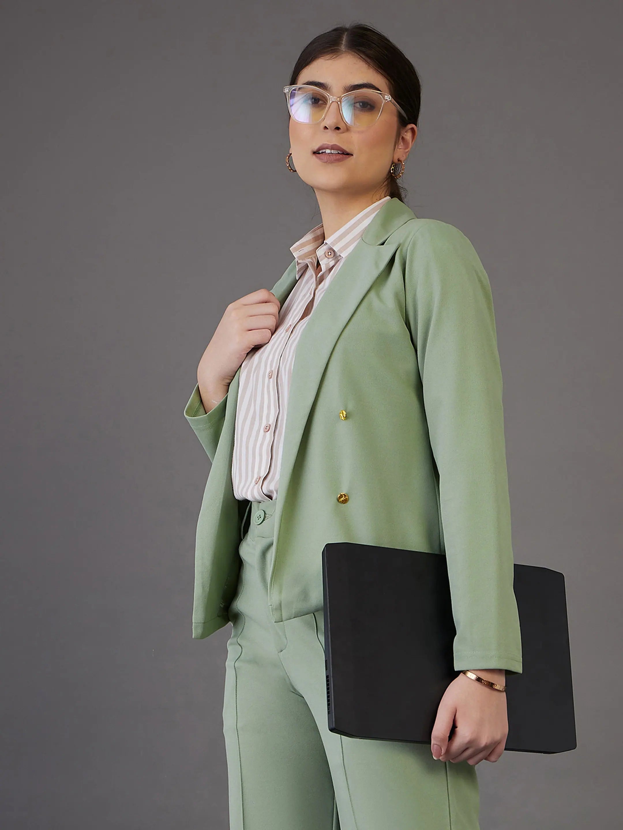 Green Notch Collar Blazer - Women's Western Clothing Outfits
