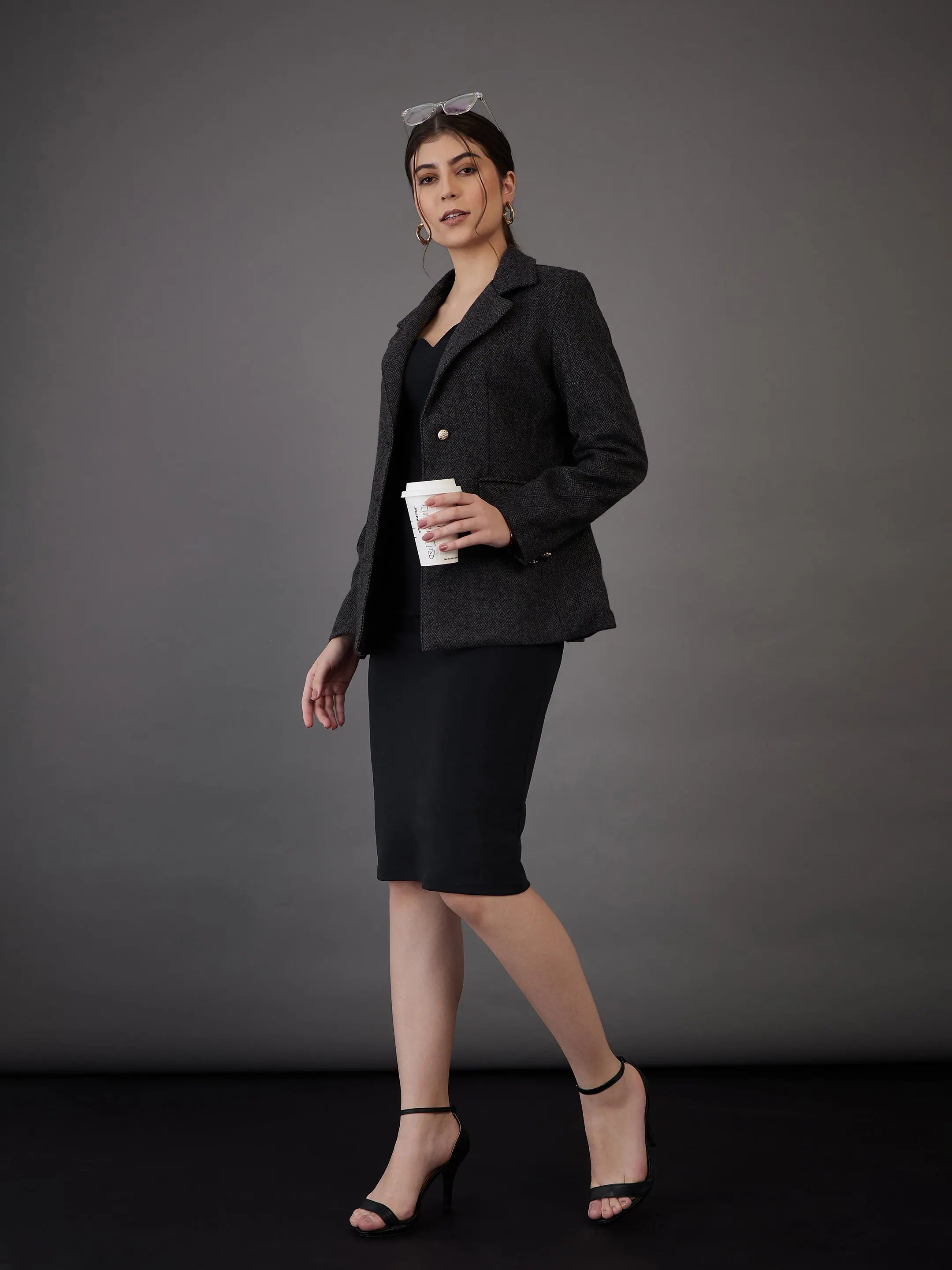 Grey Tweed Blazer - Women's Western Outfits, Notch Collar