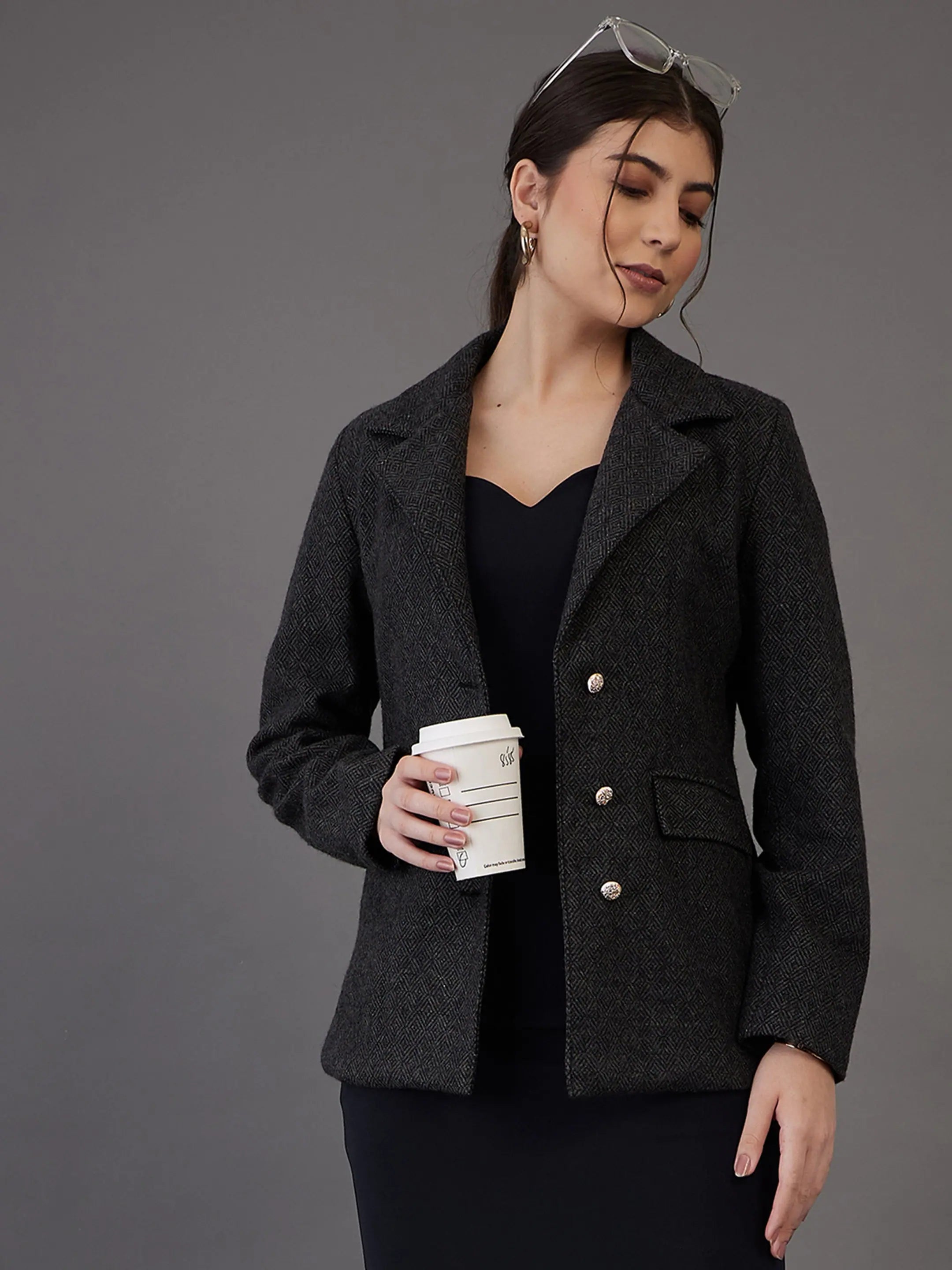 Grey Tweed Blazer - Women's Western Outfits, Notch Collar