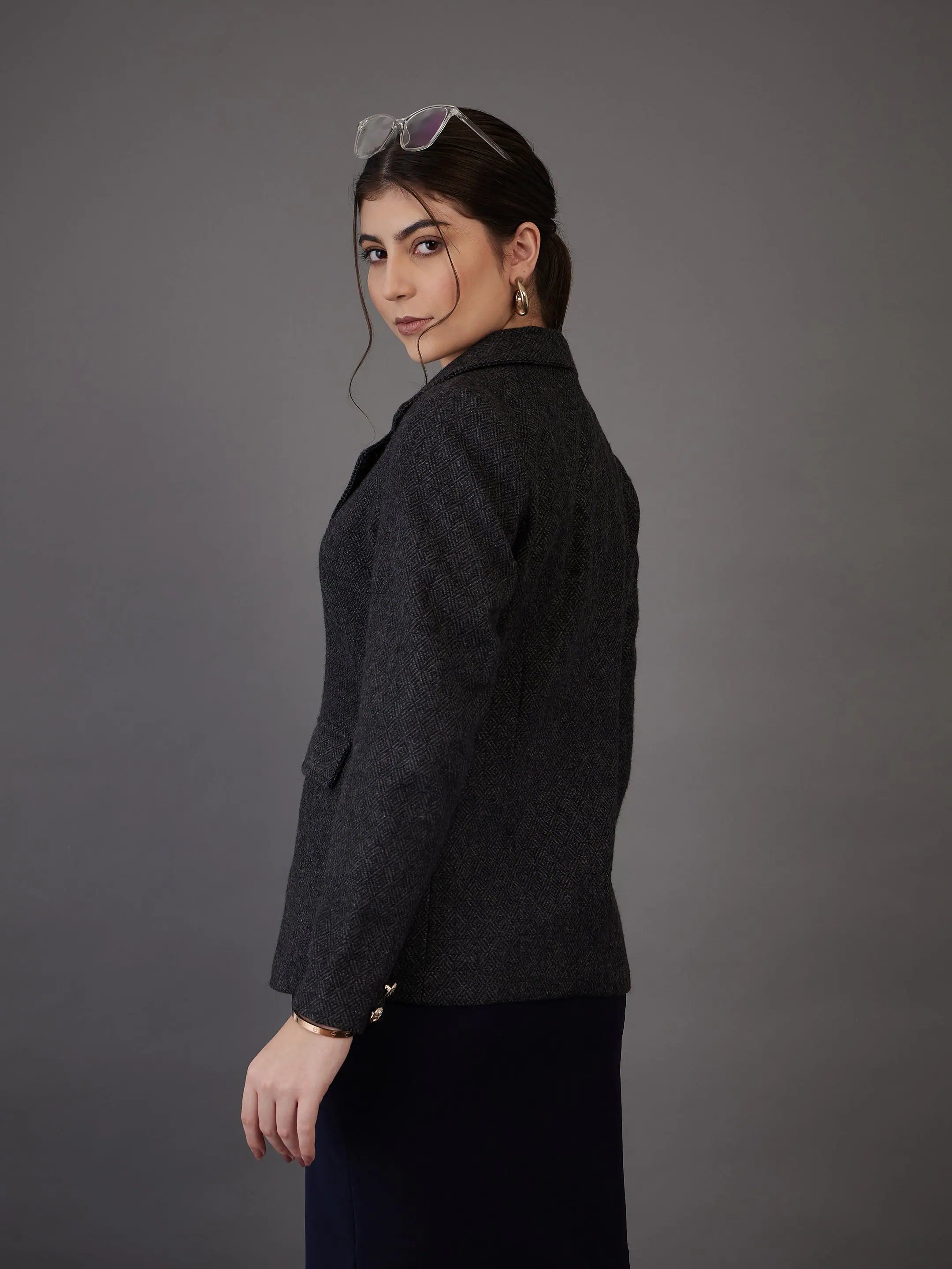 Grey Tweed Blazer - Women's Western Outfits, Notch Collar
