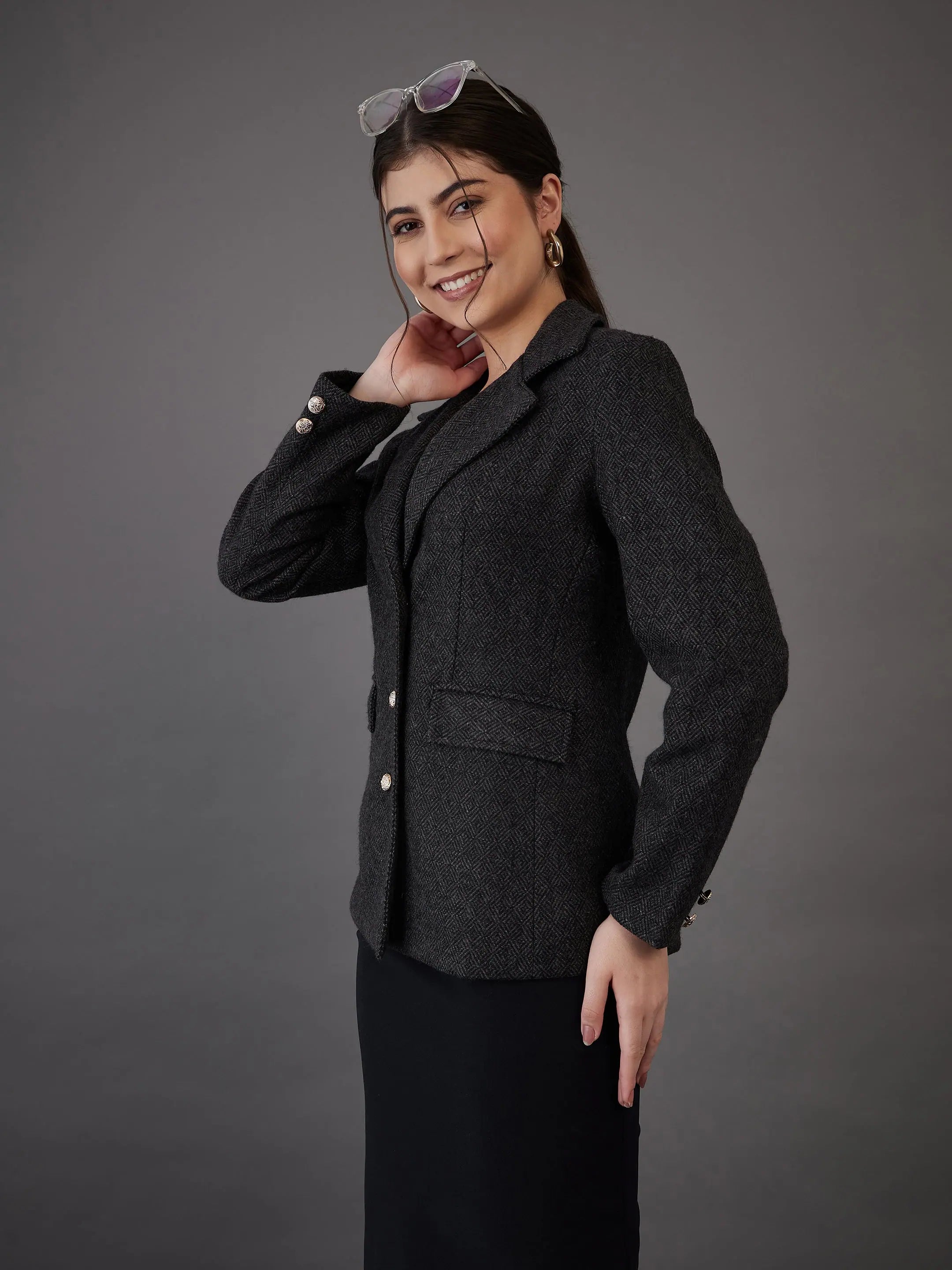 Grey Tweed Blazer - Women's Western Outfits, Notch Collar