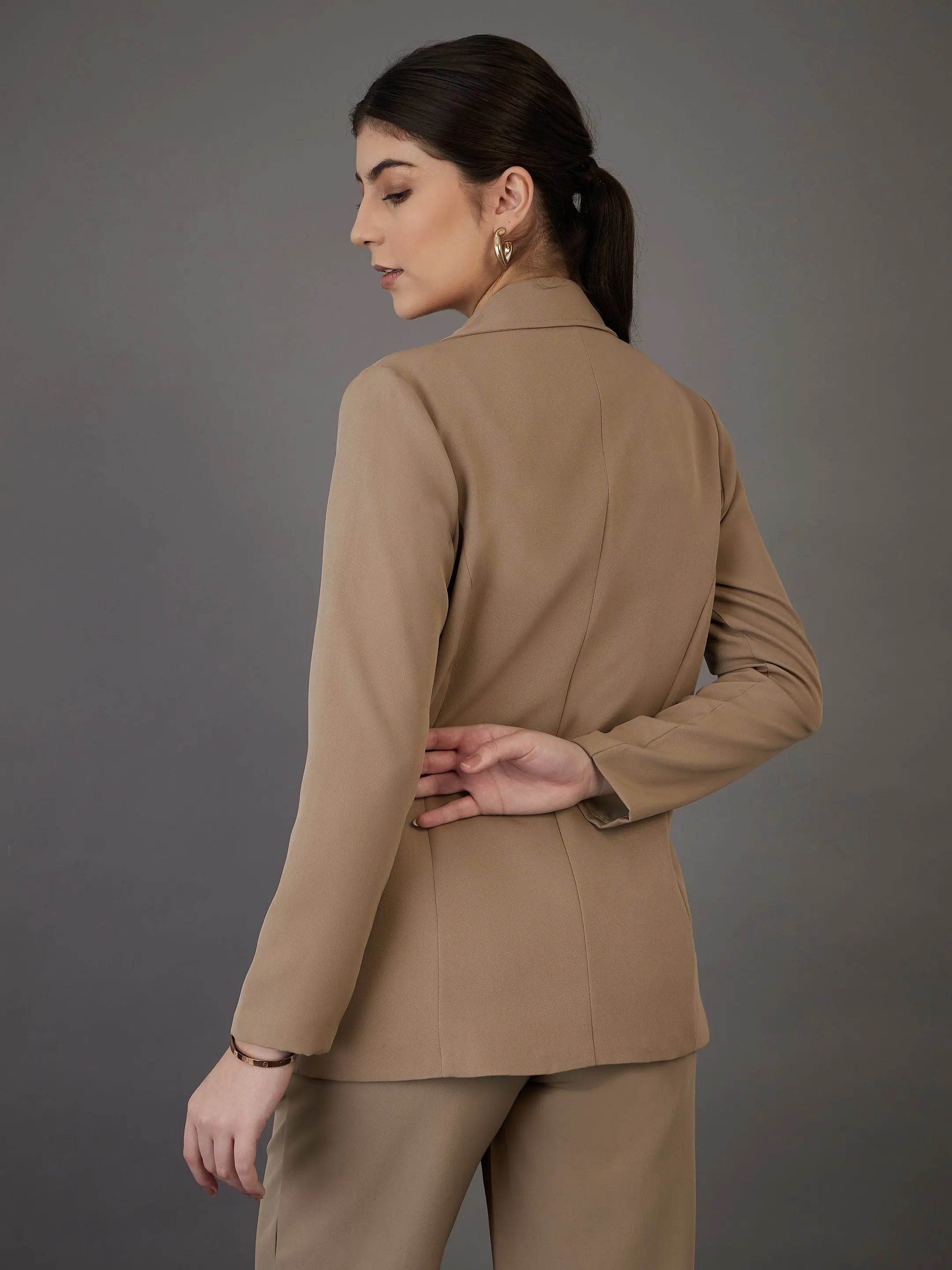 Beige Double-Breasted Blazer - Women's Western Wear, Linen