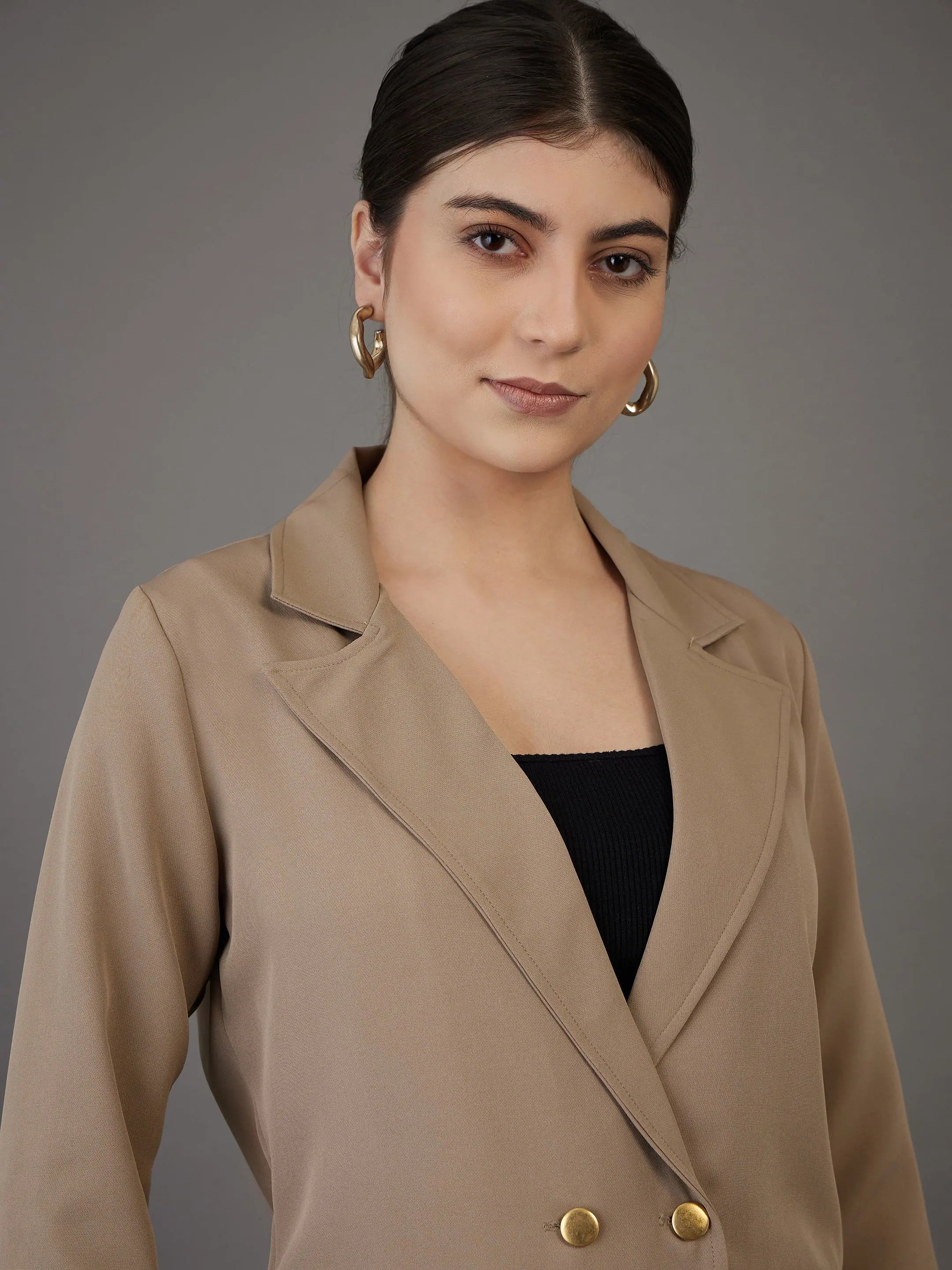 Beige Double-Breasted Blazer - Women's Western Wear, Linen