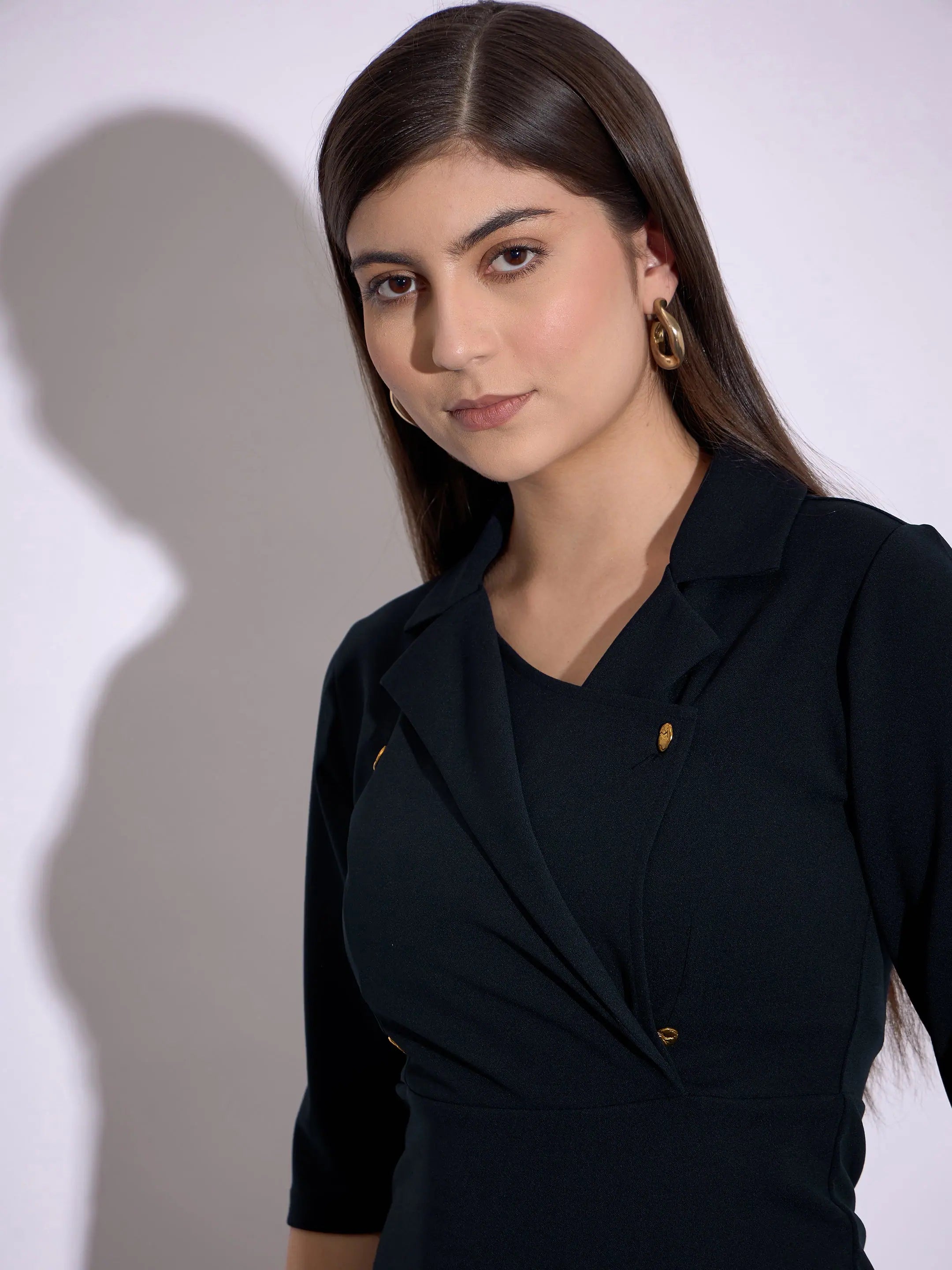 Navy Midi Dress - Notch Collar, Women's Party Wear, Classic Look