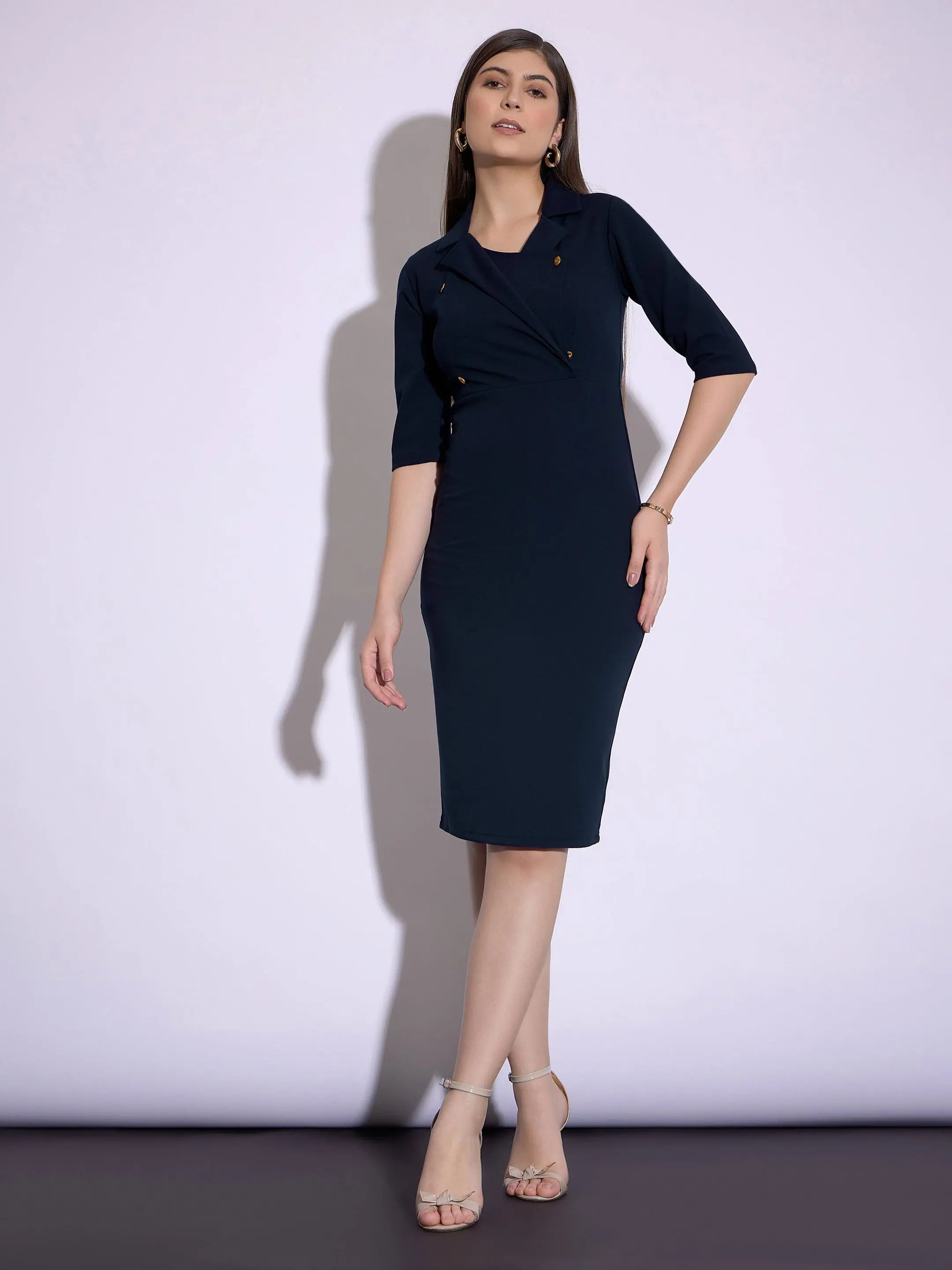 Navy Midi Dress - Notch Collar, Women's Party Wear, Classic Look