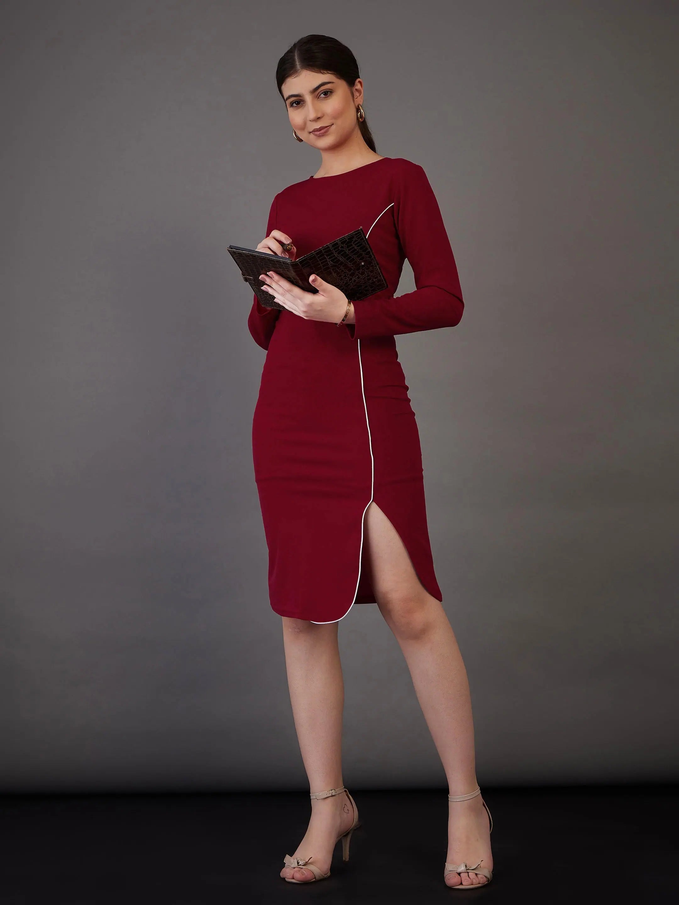 Red Bodycon Midi Dress - Contrast Piping, Stylish Women's Dress
