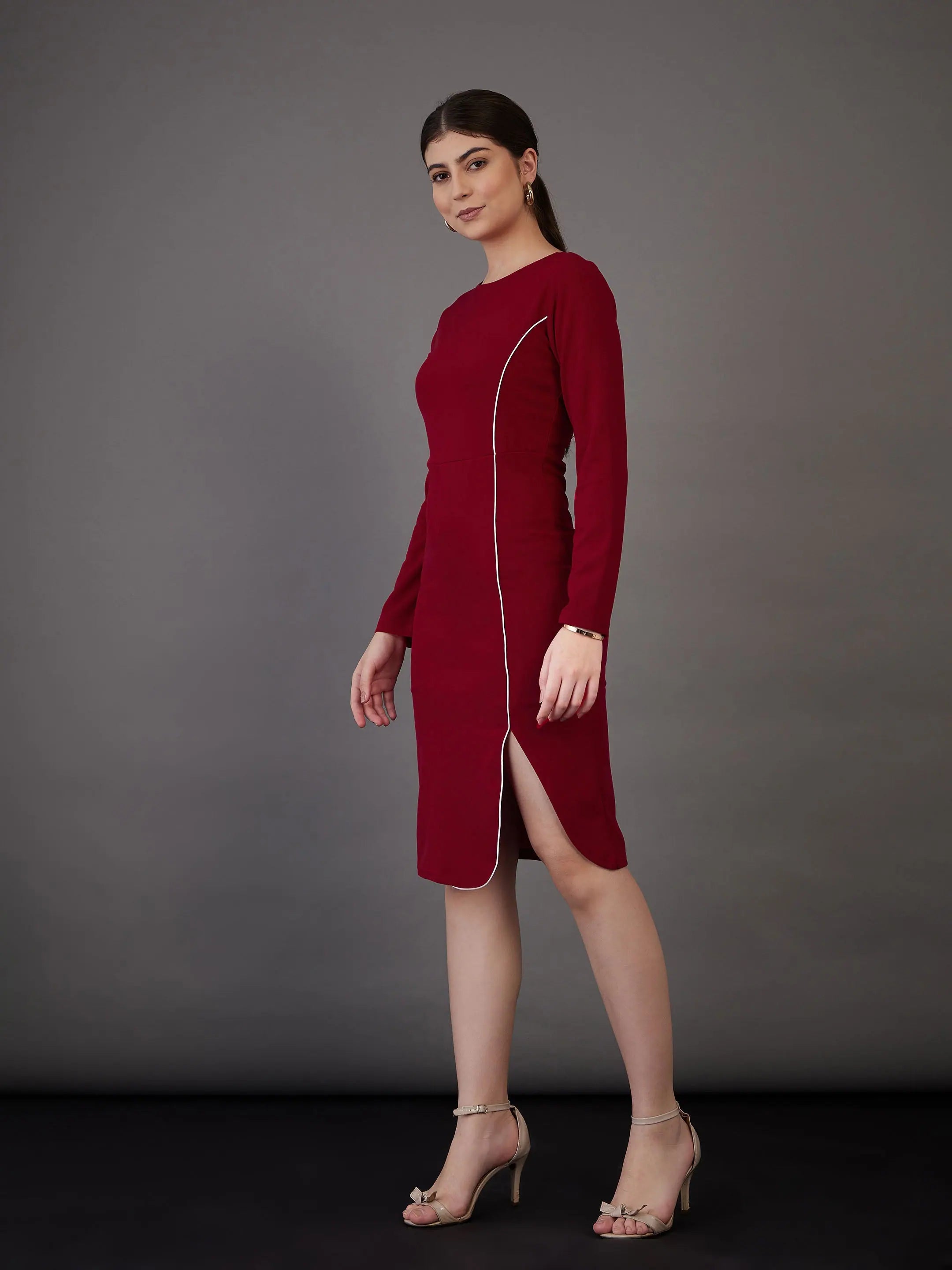 Red Bodycon Midi Dress - Contrast Piping, Stylish Women's Dress
