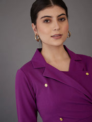 Women Purple Notch Collar Short Sleeve Midi Dress