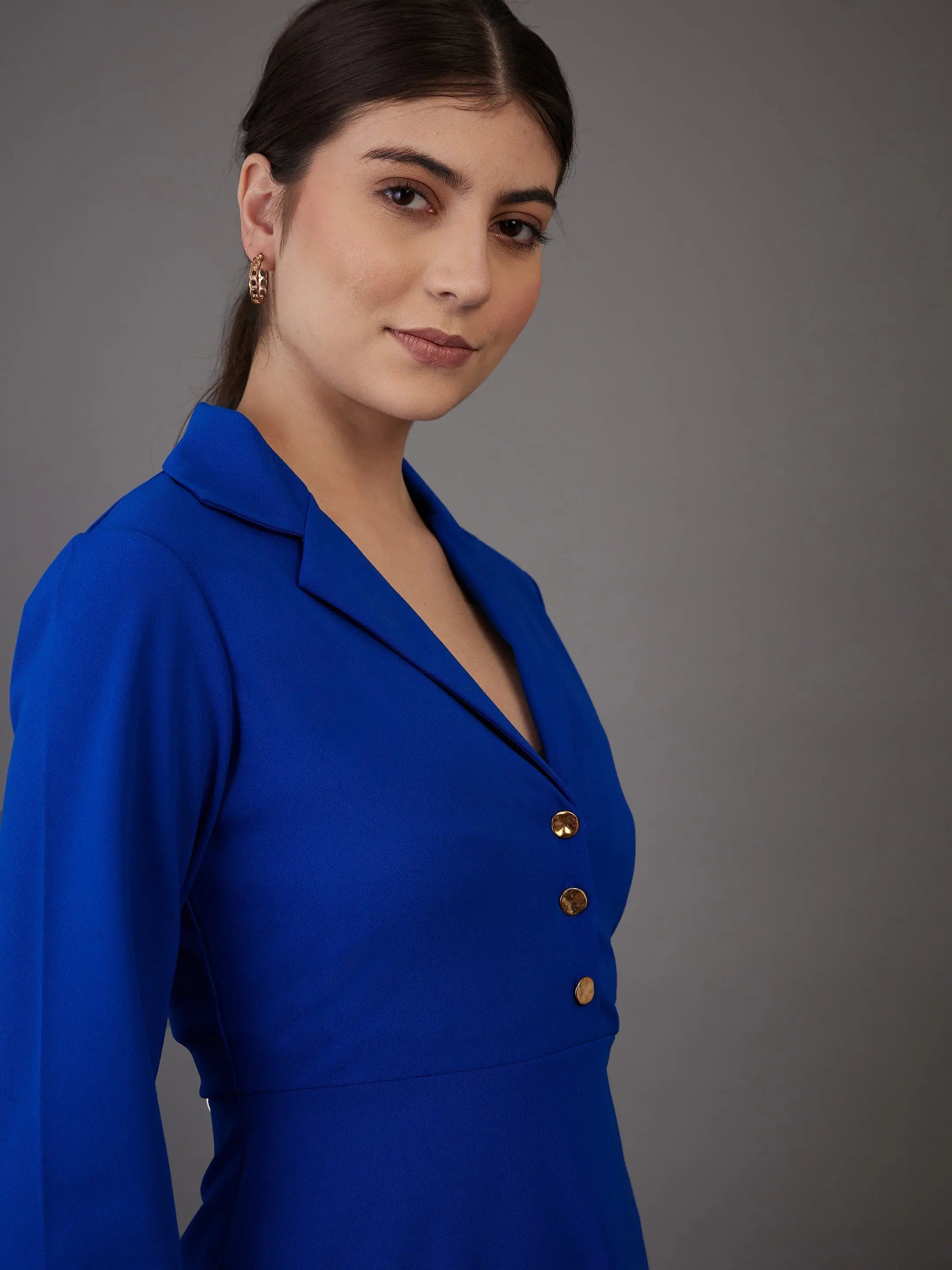 Royal Blue Notch Collar Dress | Women's Indian Lehenga Style