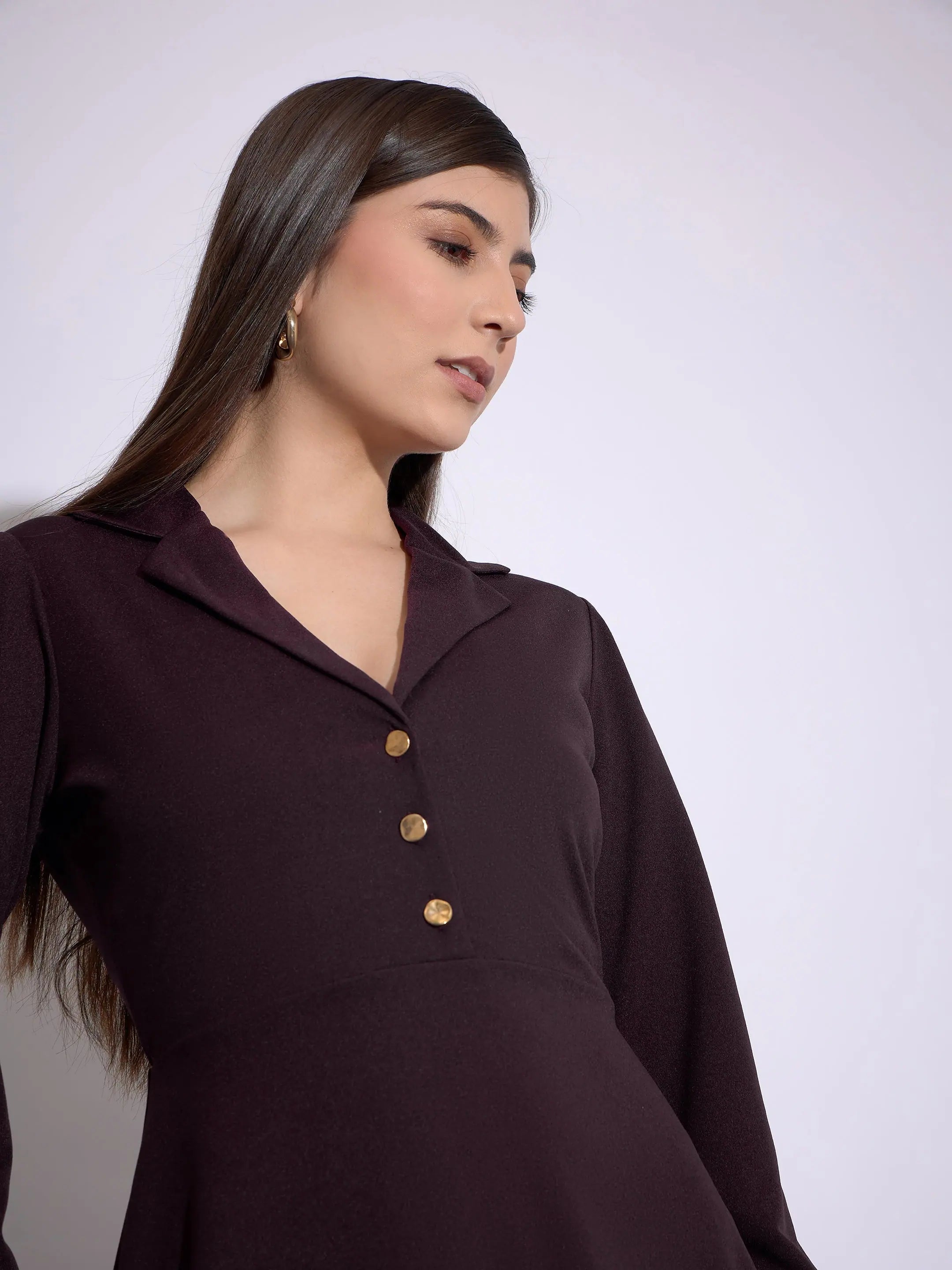 Burgundy Notch Collar Dress | Women's Ethnic Lehenga Style