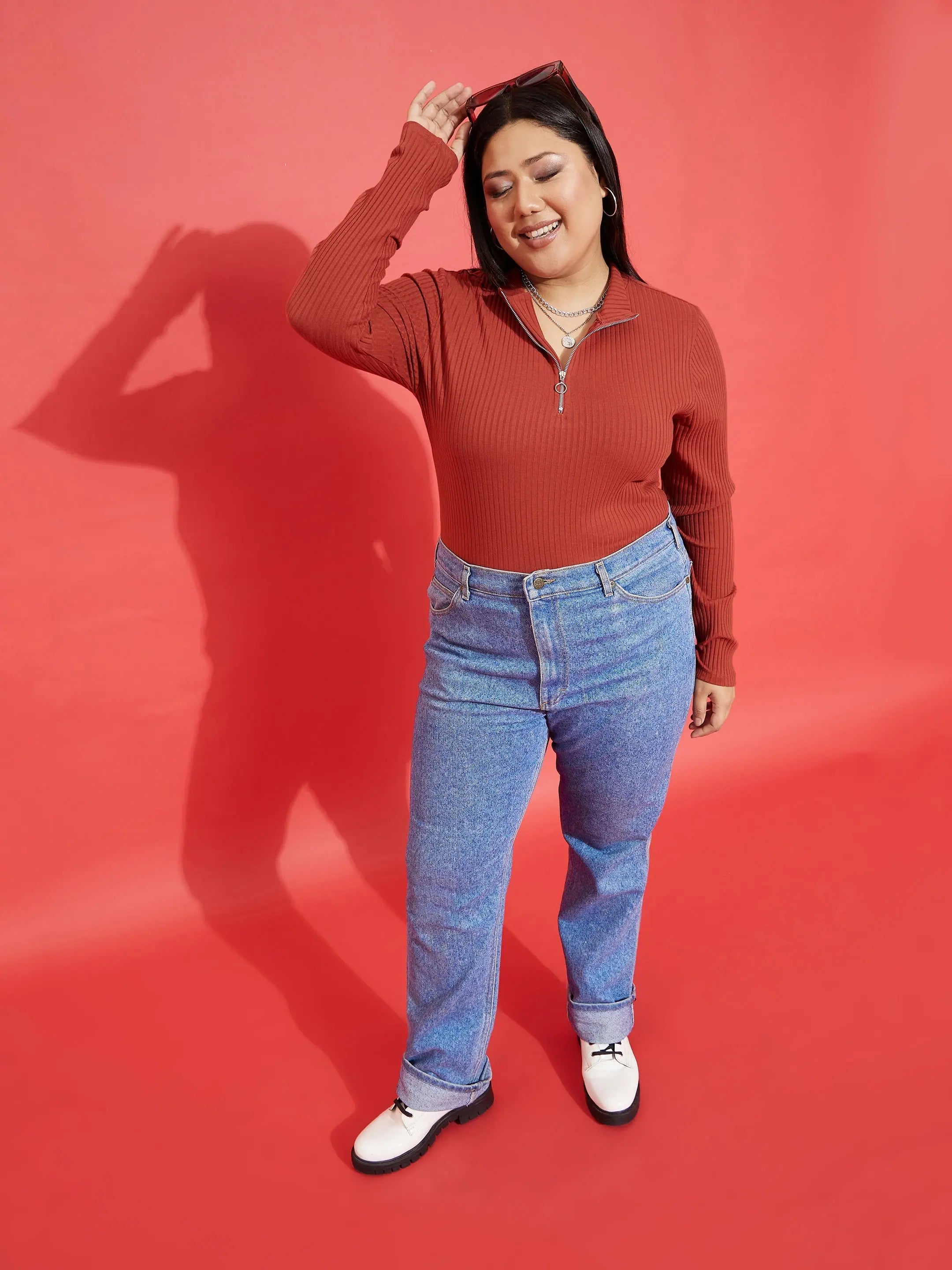 Rust Rib Front Zipper Top - Women's Western Wear Online