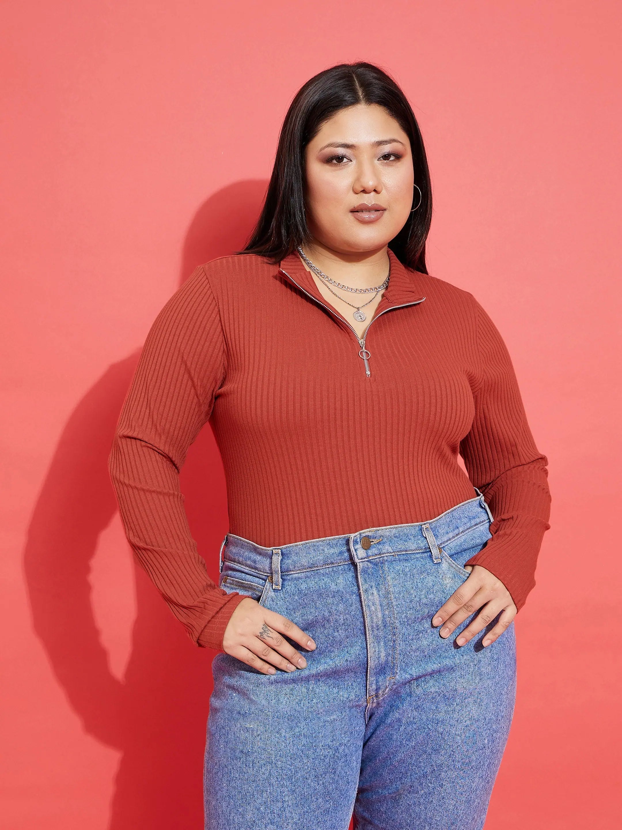Rust Rib Front Zipper Top - Women's Western Wear Online