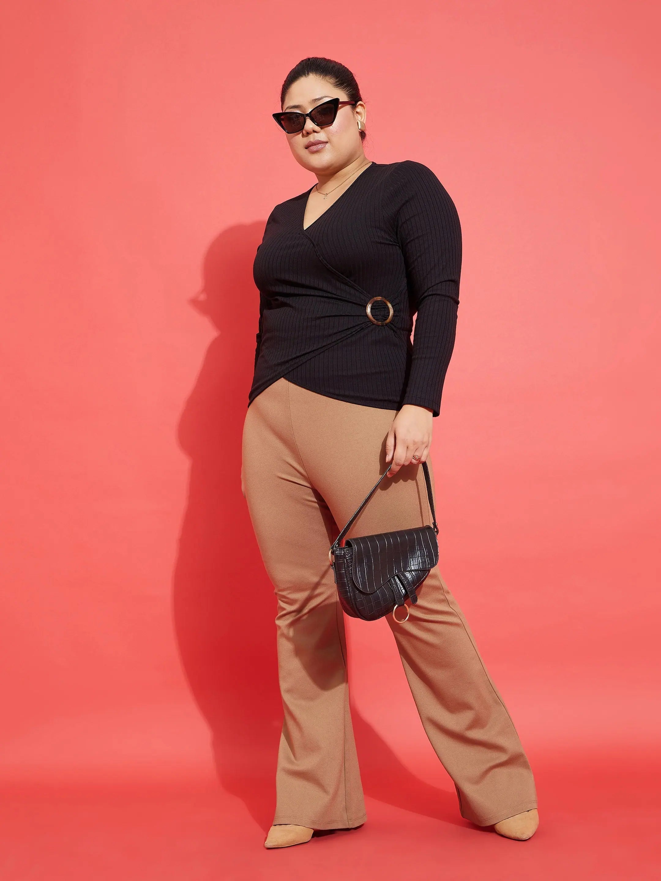 Women's Ribbed Top - Black Blouse with Buckle Detail