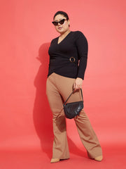 Women Black Rib Side Buckle Detail Top