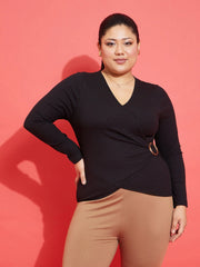 Women Black Rib Side Buckle Detail Top