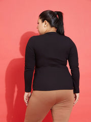 Women Black Rib Side Buckle Detail Top