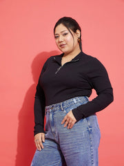 Women Black Rib Front Zipper Top