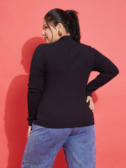 Women Black Rib Front Zipper Top