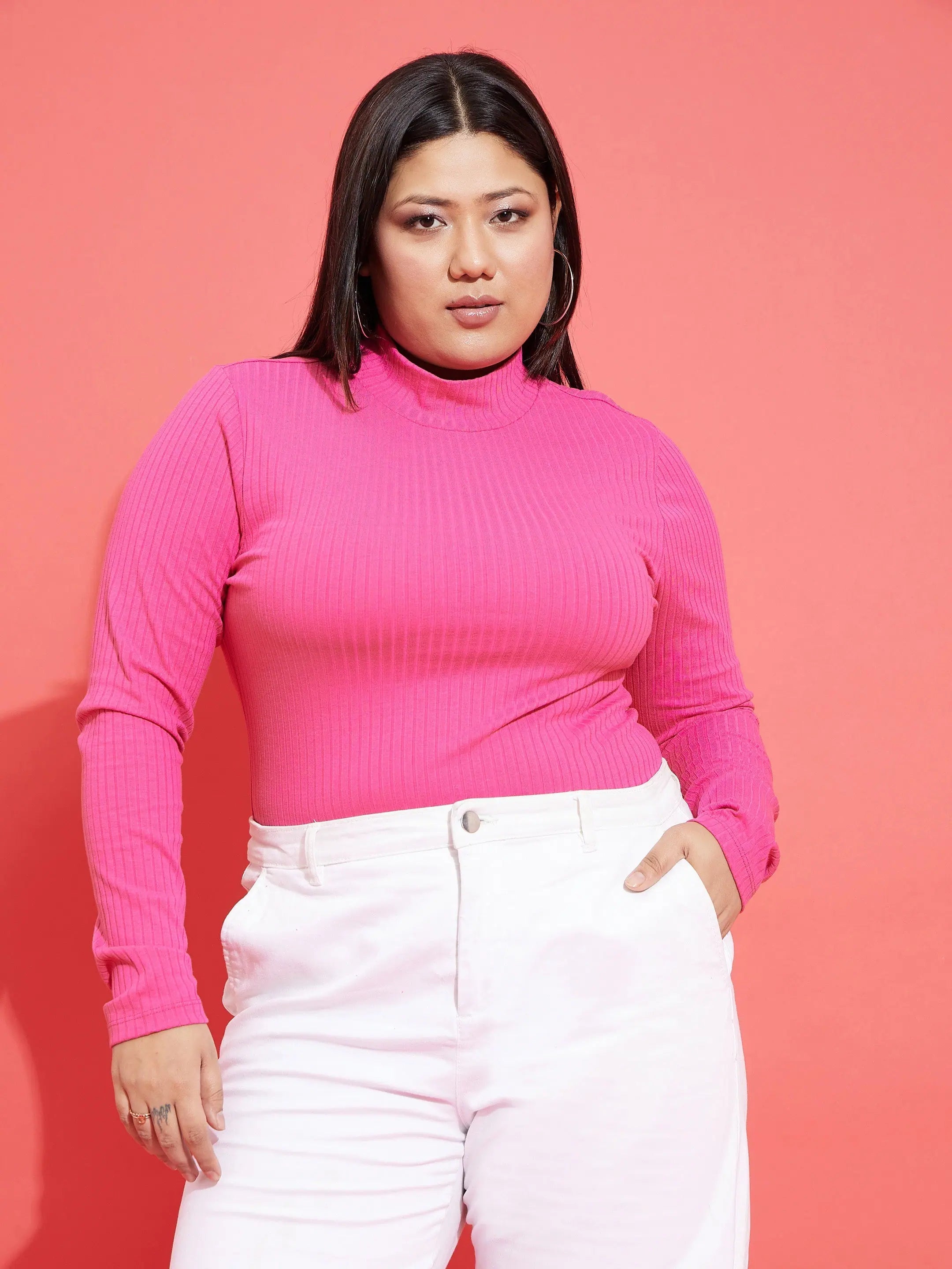 Pink Rib High Neck Top | Women's Western Outfit | Rayon Top