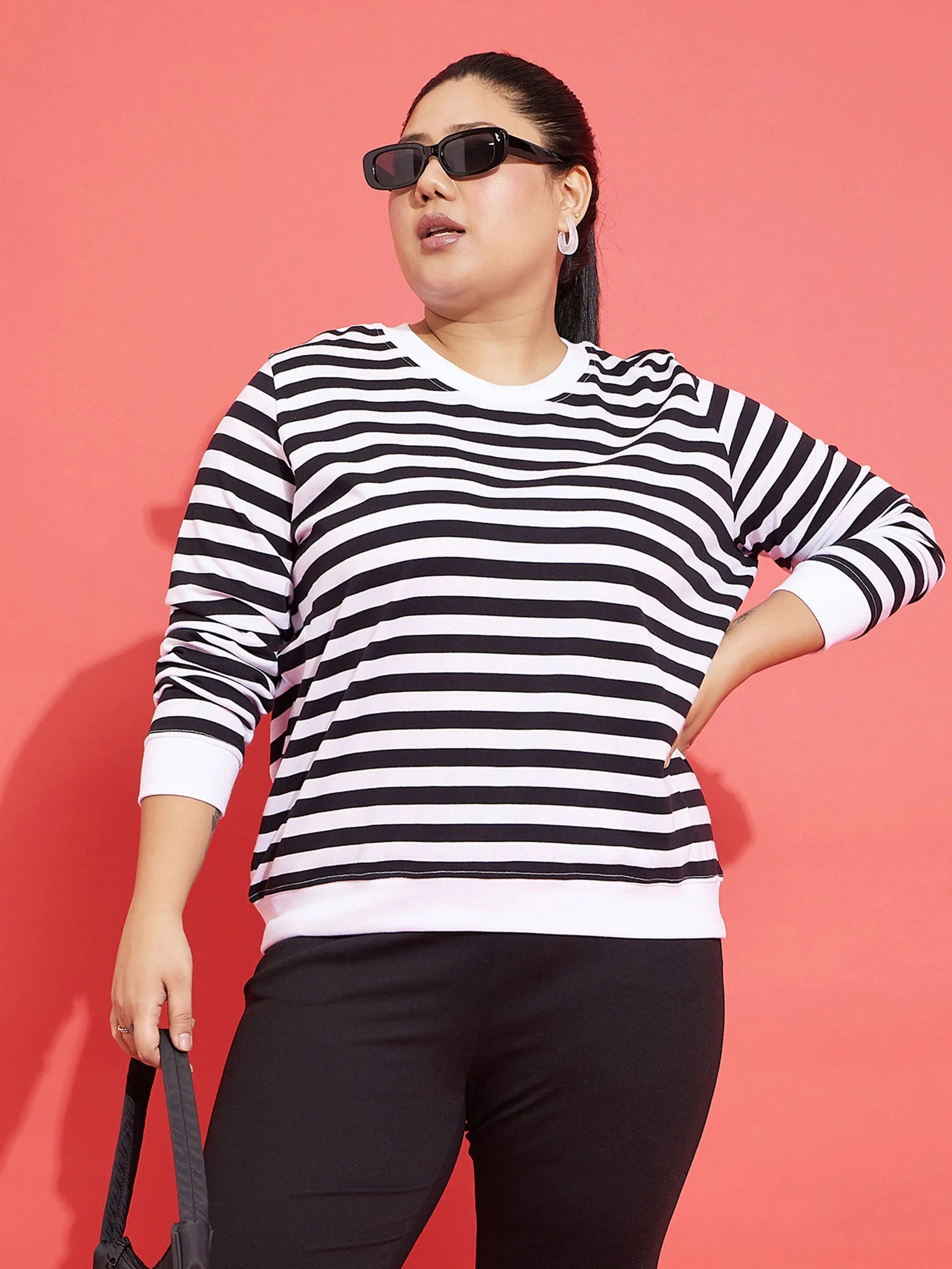 Black & White Fleece Striped Women's Sweatshirt | Cotton