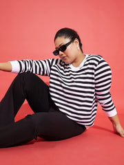 Women Black & White Fleece Striped Sweatshirt