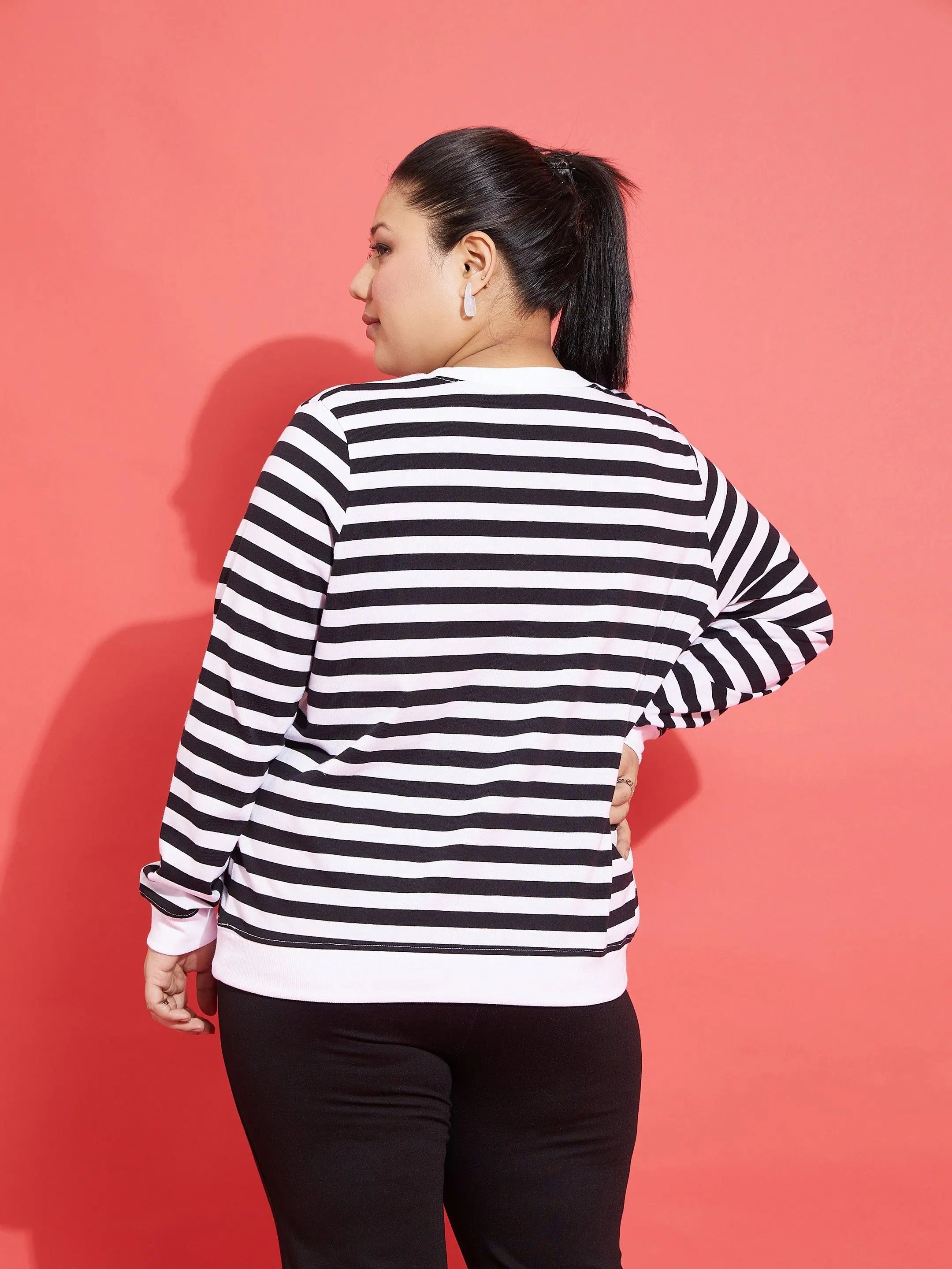 Black & White Fleece Striped Women's Sweatshirt | Cotton
