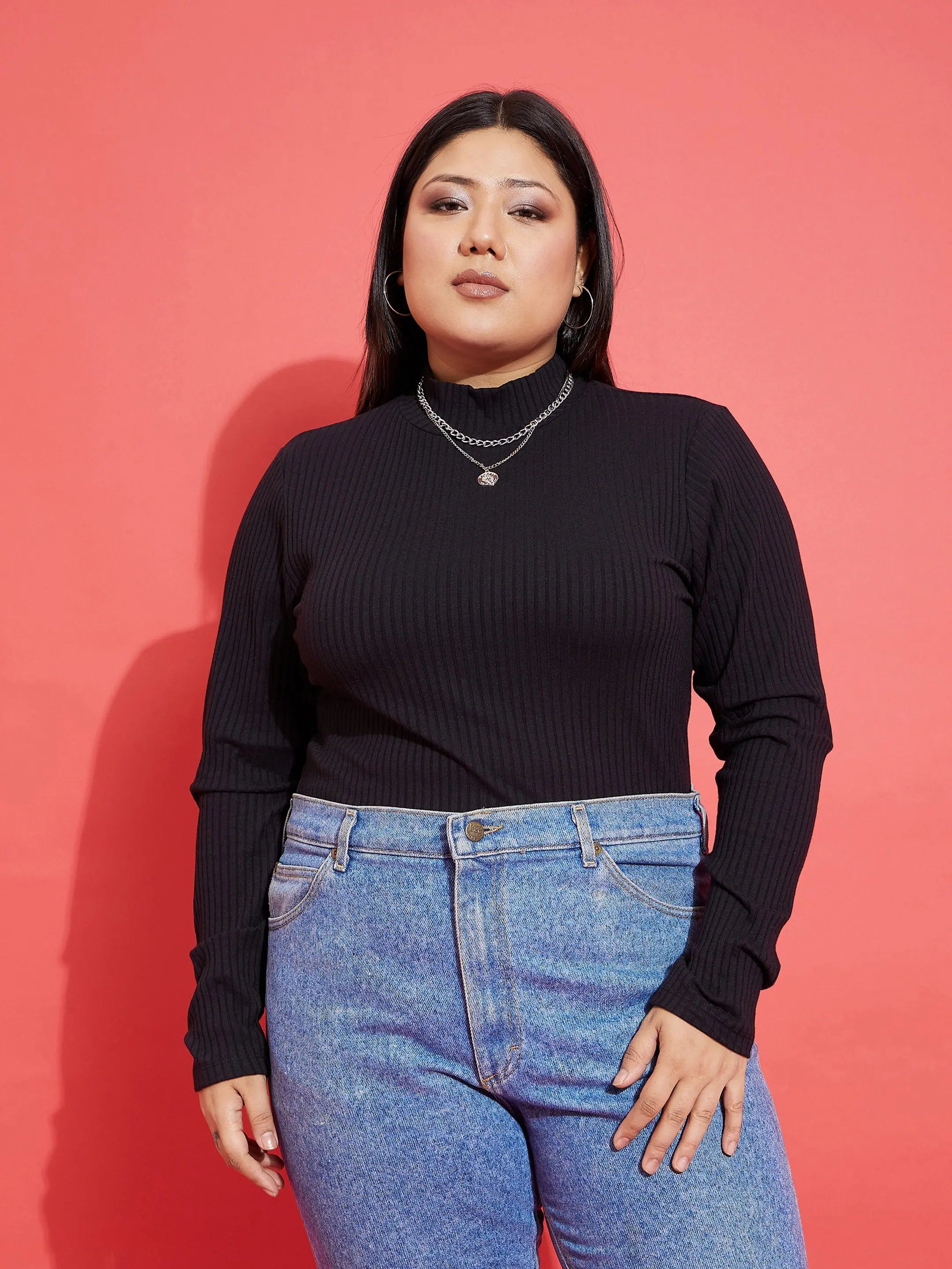 Black Rib High Neck Top - Women's Western Clothing