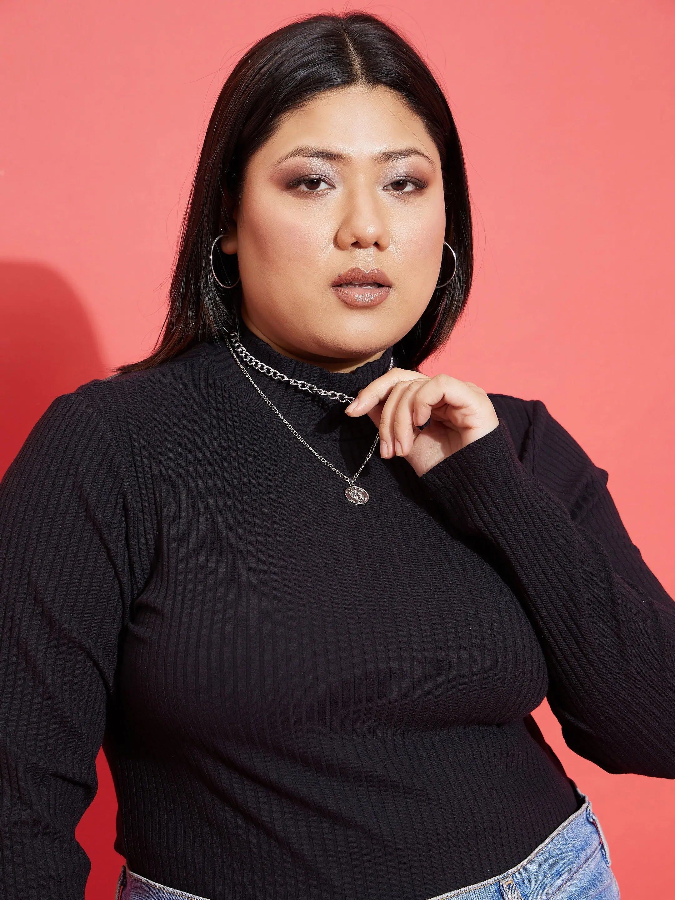 Black Rib High Neck Top - Women's Western Clothing