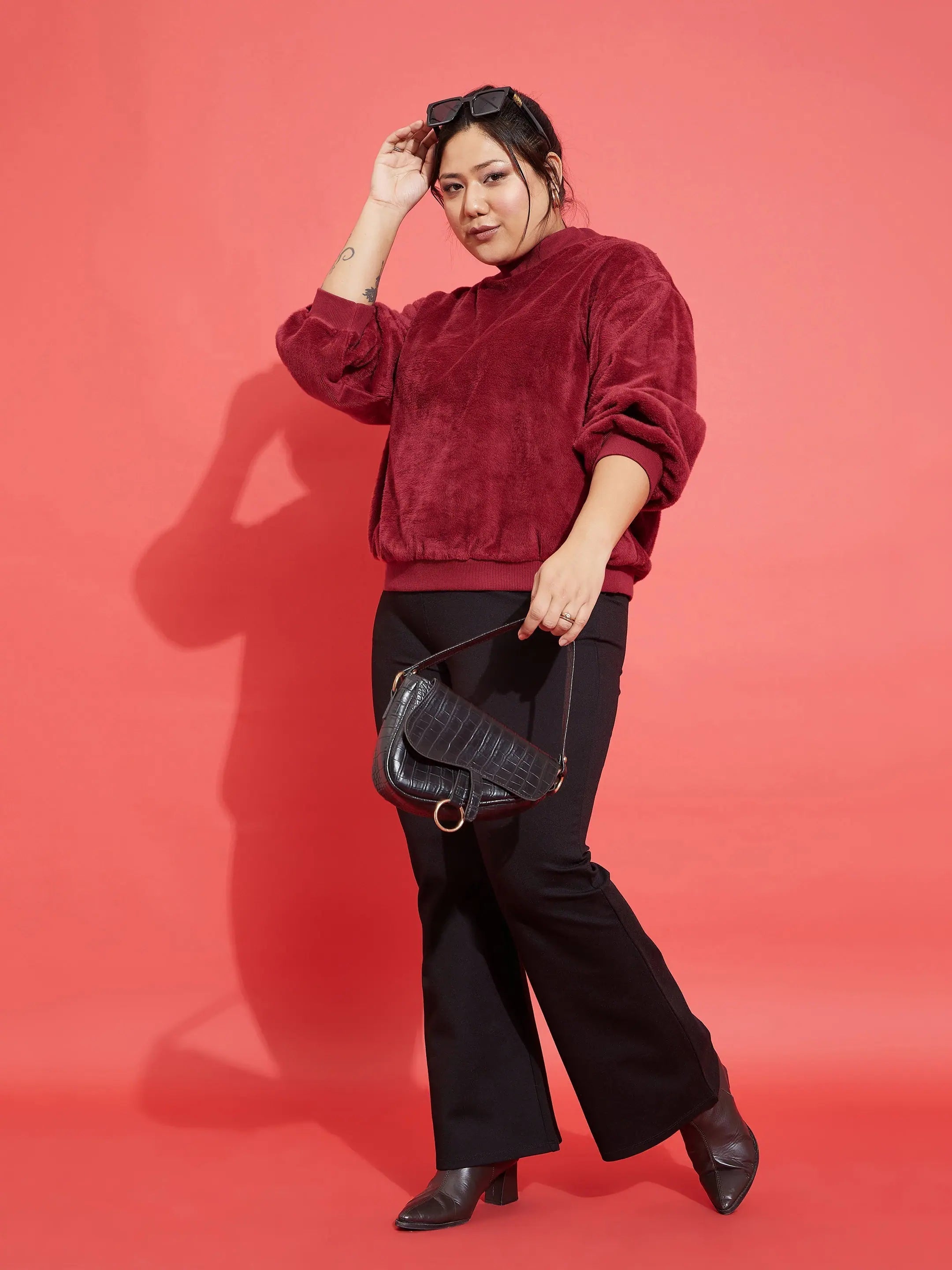 Maroon Fleece Fur High Neck Sweatshirt | Designer Lehenga