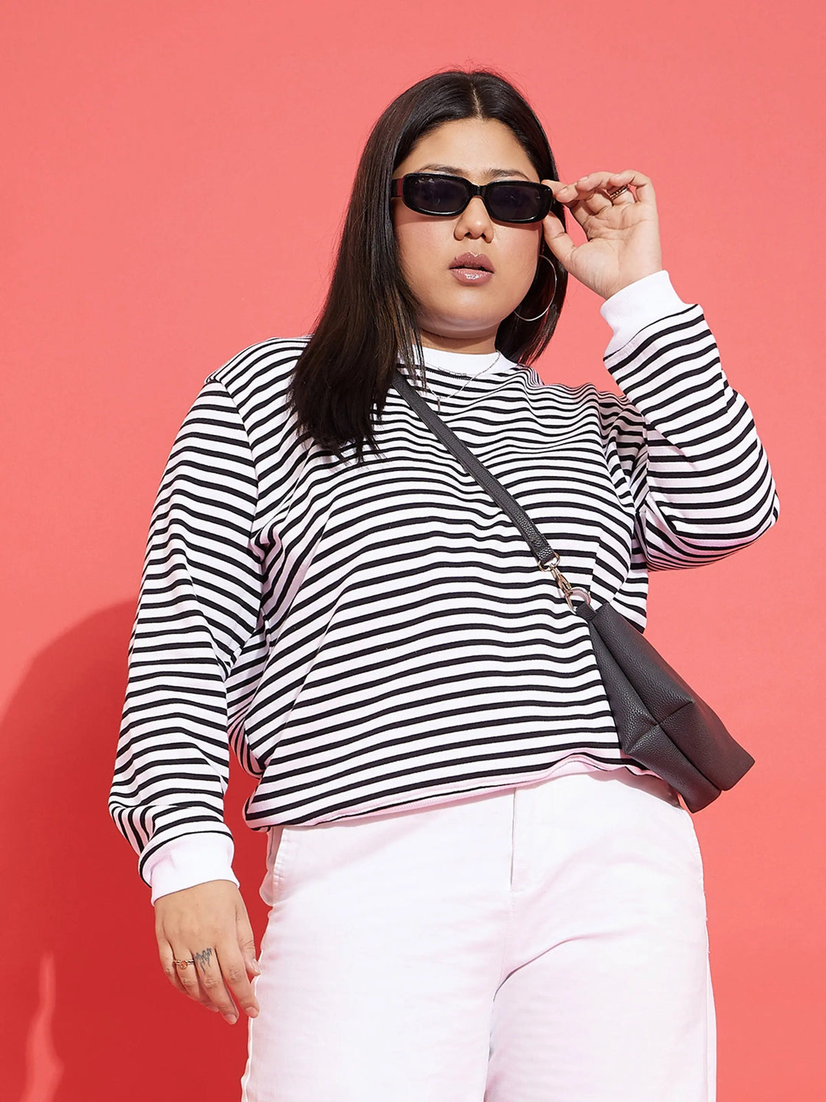 Women Black & White Striped Full Sleeves Sweater-SFSWSH7444XXL