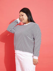 Women Black & White Striped Full Sleeves Sweater-SFSWSH7444XXL