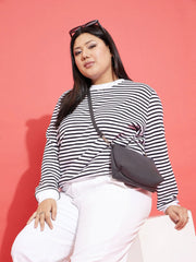 Women Black & White Striped Full Sleeves Sweater-SFSWSH7444XXL