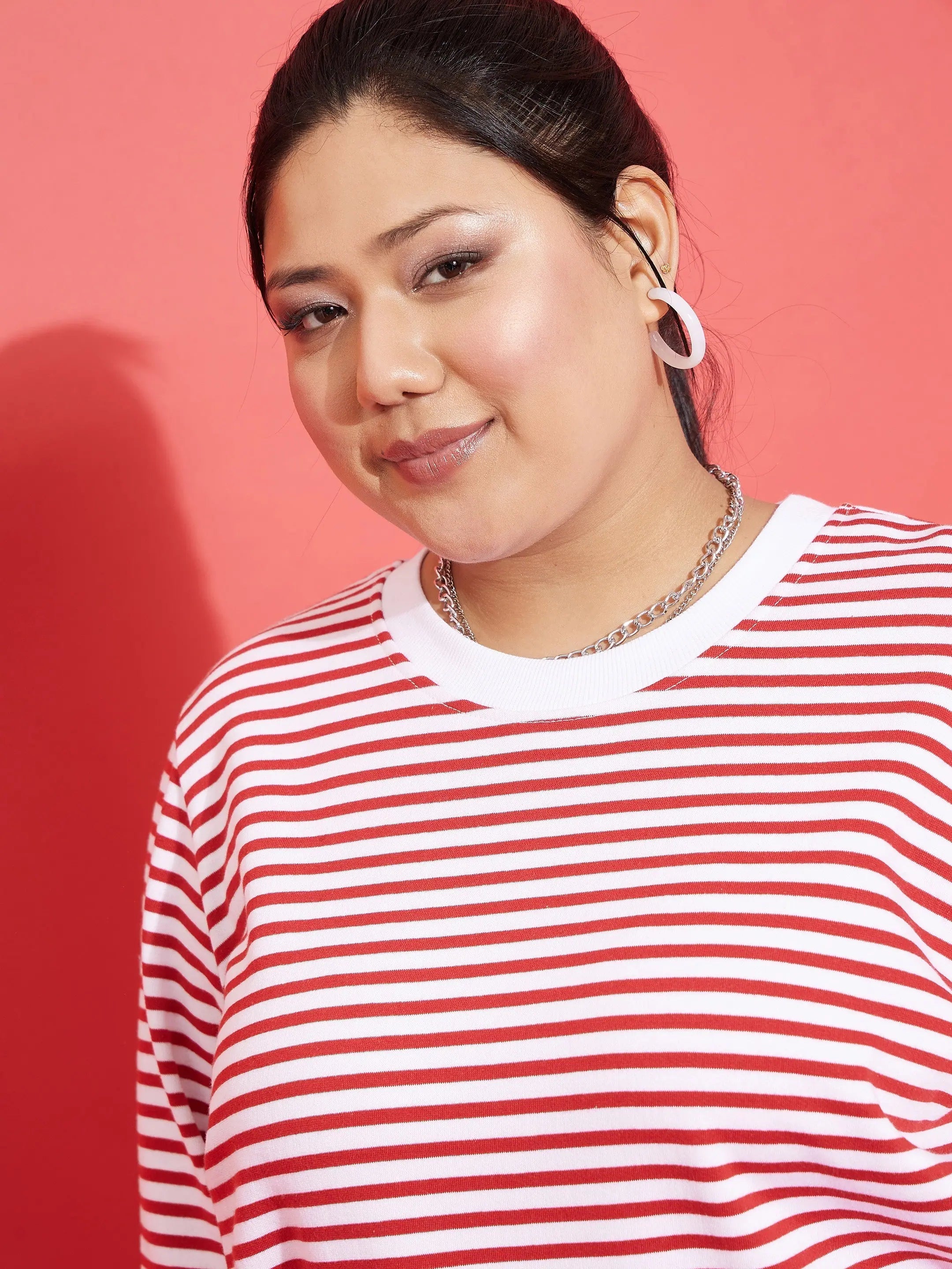 Red & White Striped Full Sleeve Sweater | Lehenga Choli