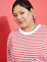 Women Red & White Striped Full Sleeves Sweater