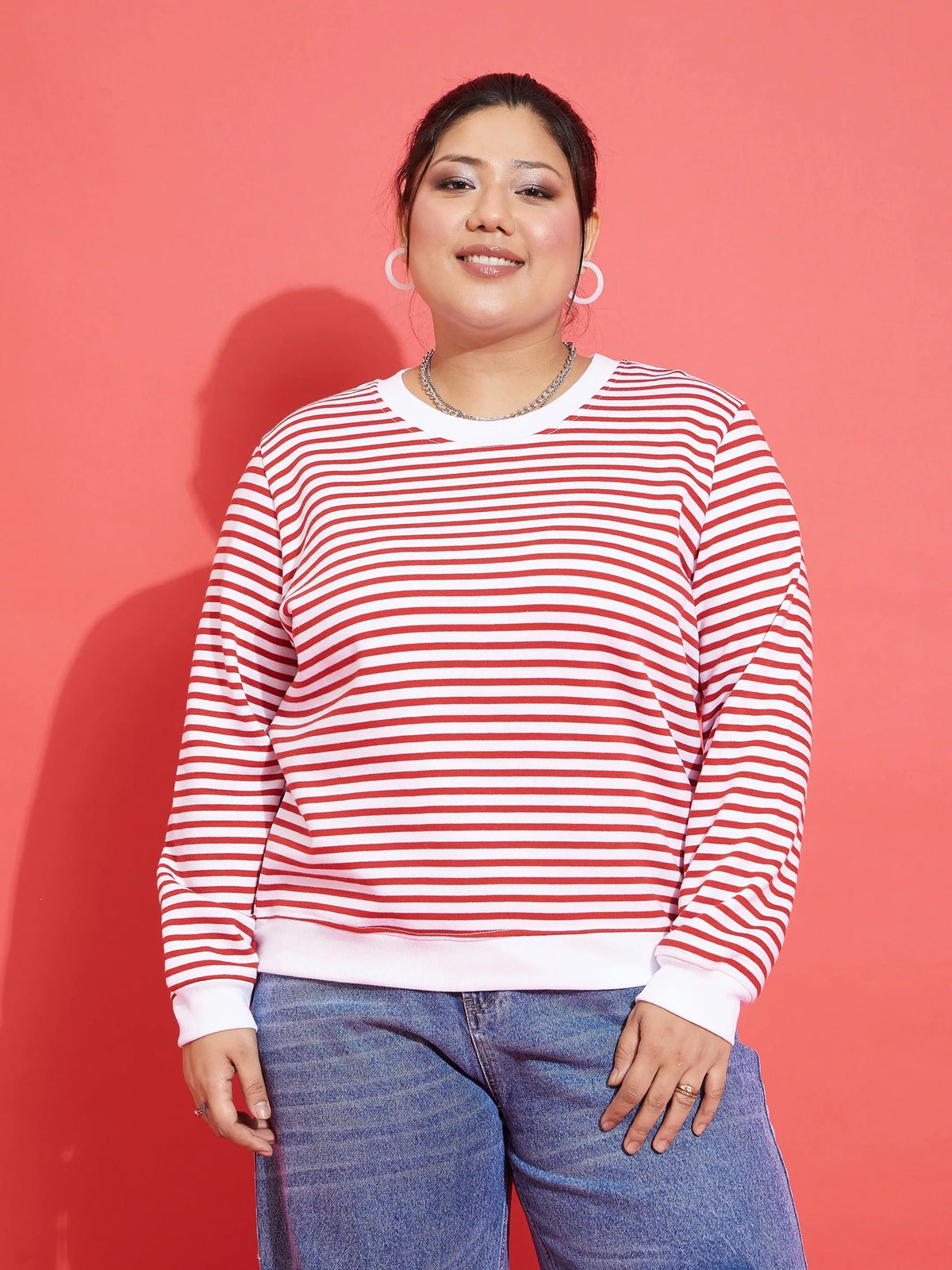 Women Red & White Striped Full Sleeves Sweater