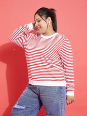 Women Red & White Striped Full Sleeves Sweater