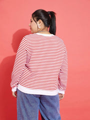 Women Red & White Striped Full Sleeves Sweater