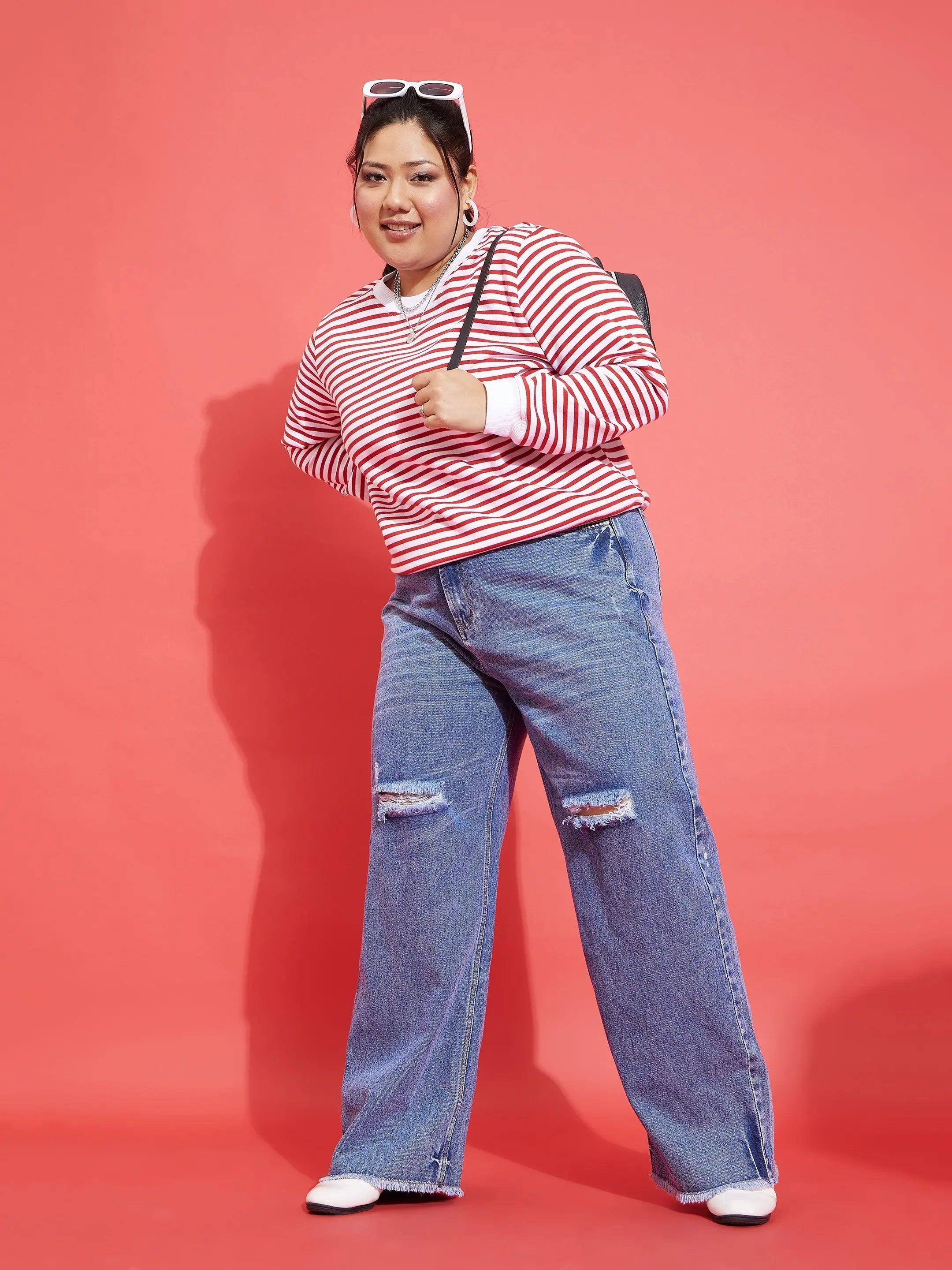 Red & White Striped Full Sleeve Sweater | Lehenga Choli