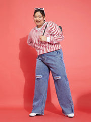 Women Red & White Striped Full Sleeves Sweater