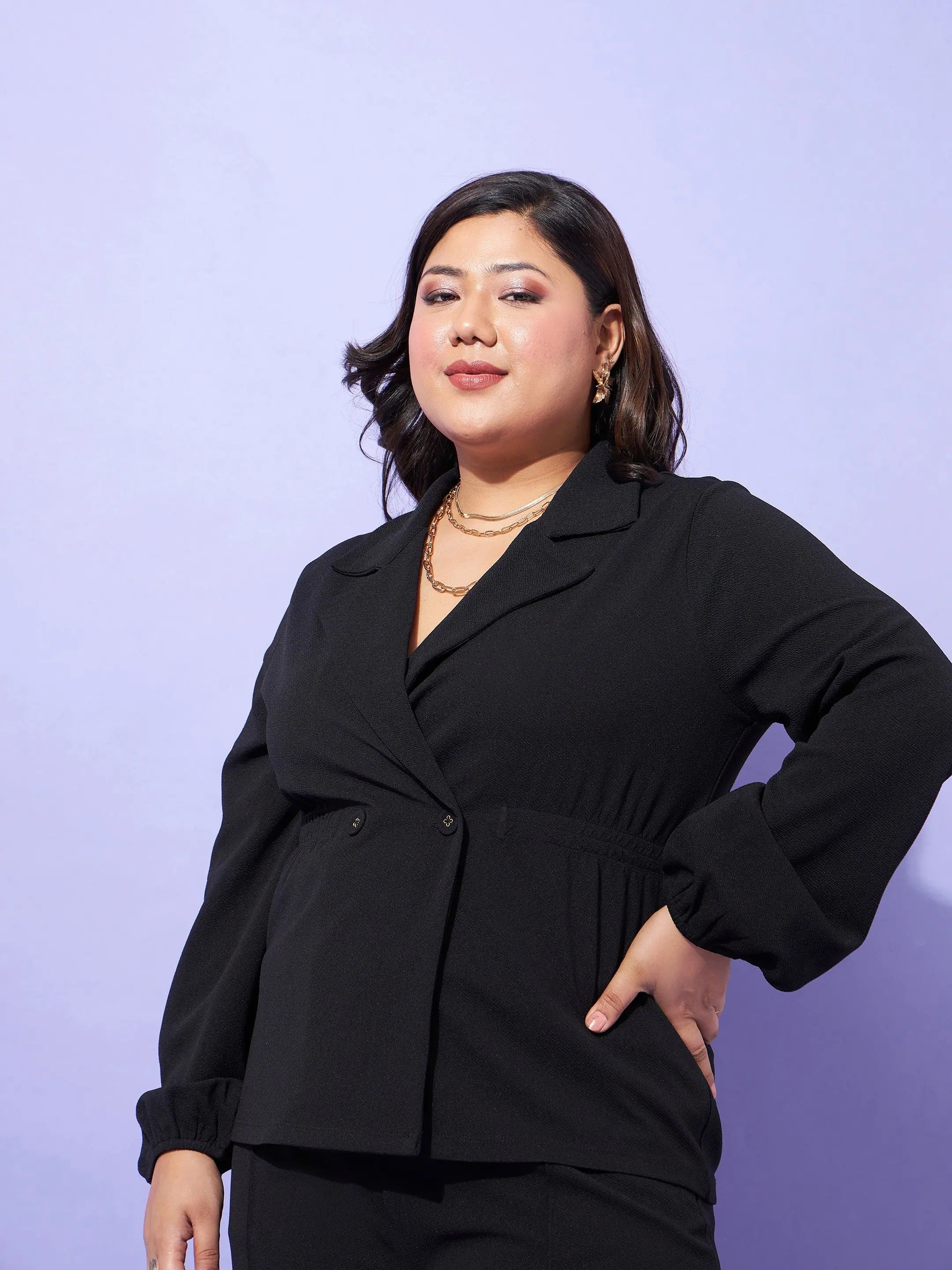 Black Collar Neck Top & Straight Pants - Women's Western Wear